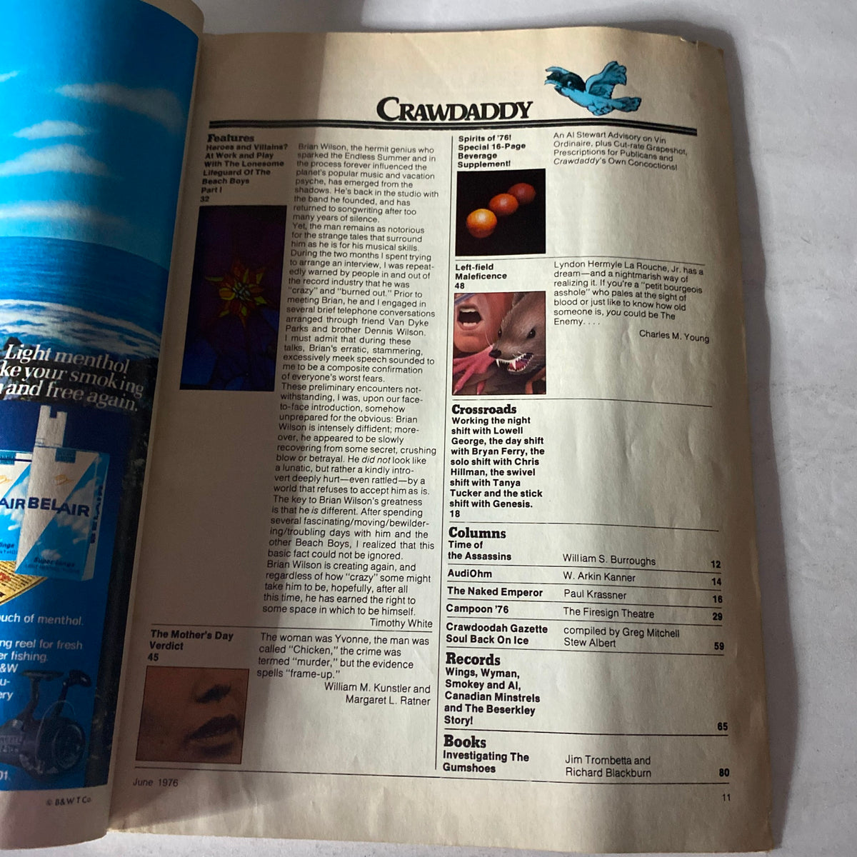Inside page of VTG Crawdaddy Magazine June 1976 featuring features including an interview with Brian Wilson, a nostalgic glimpse into 1970s music culture.