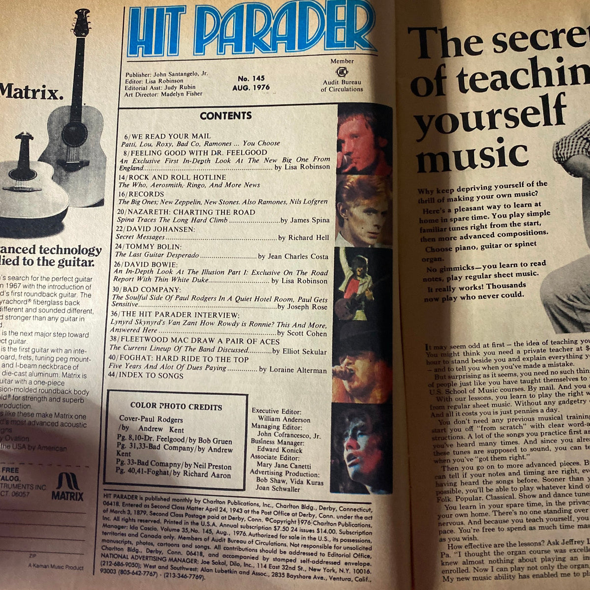 Inside contents page of VTG Hit Parader Magazine August 1976, showcasing article listings and visuals related to Bad Company and other rock artists.