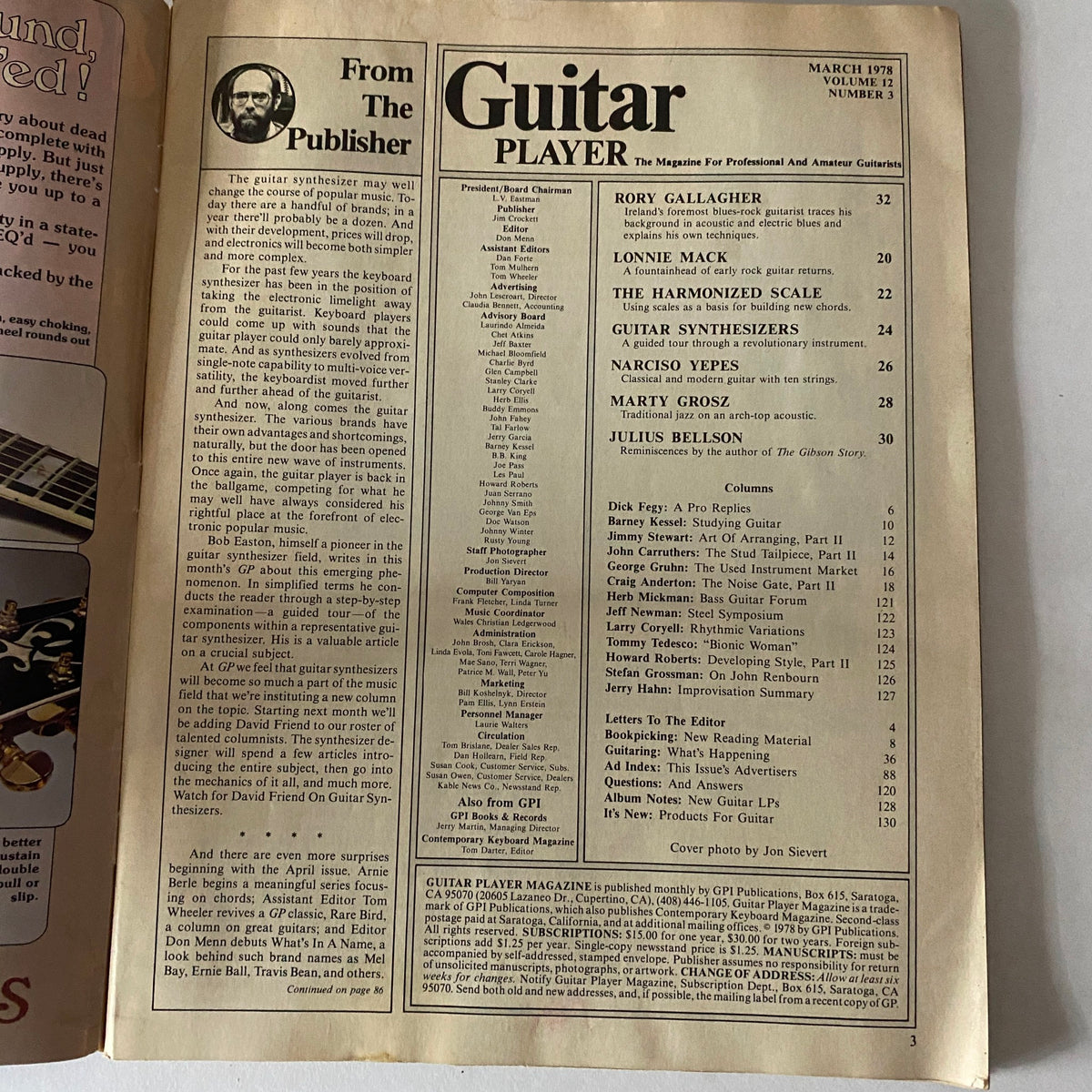 Inside page of Vintage Guitar Player Magazine March 1978, showcasing the contents including Rory Gallagher and articles on guitar synthesizers and other musicians.