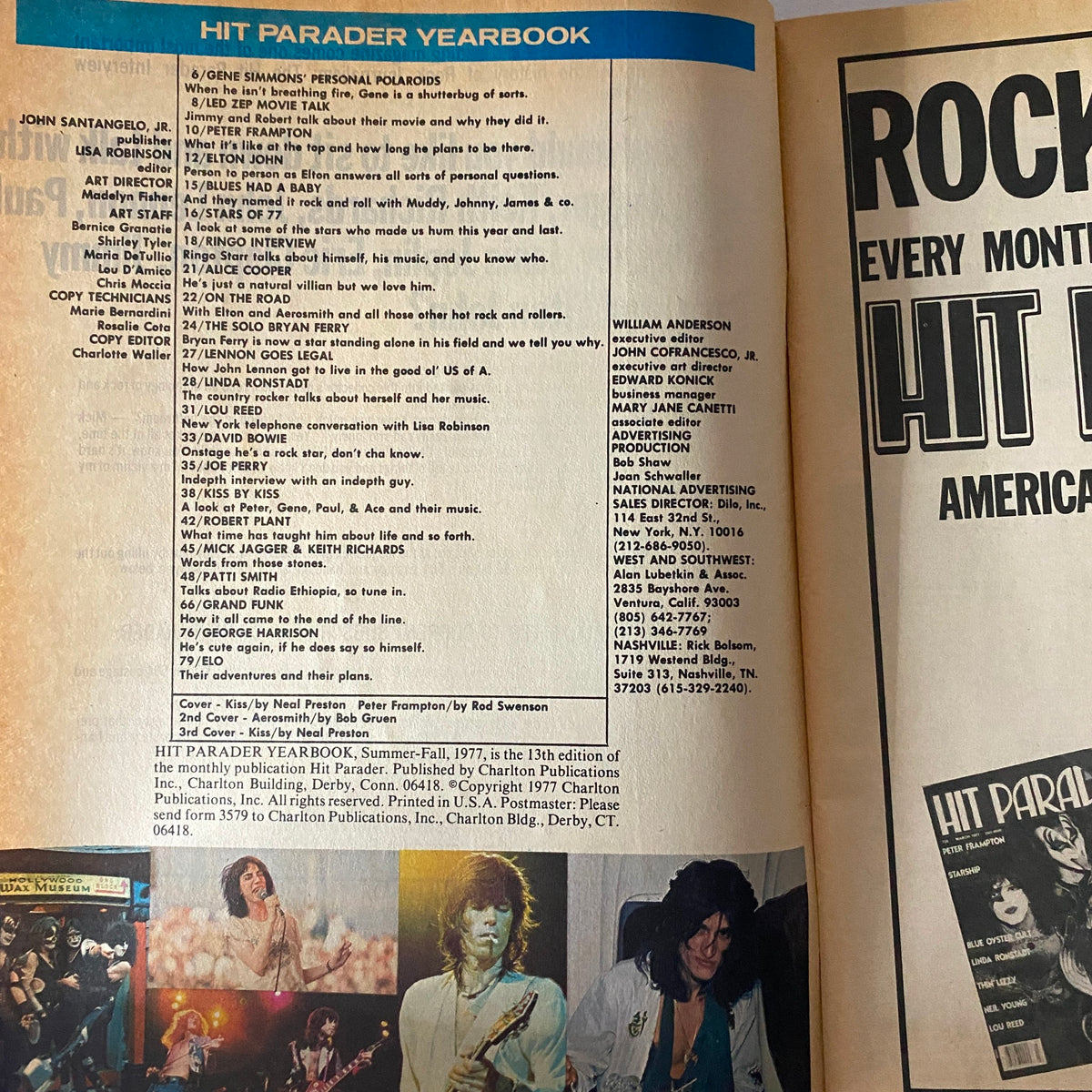 Inside page of VTG Hit Parader Yearbook Summer-Fall 1977 containing artist listings and features on famous musicians including Linda Ronstadt and John Lennon.