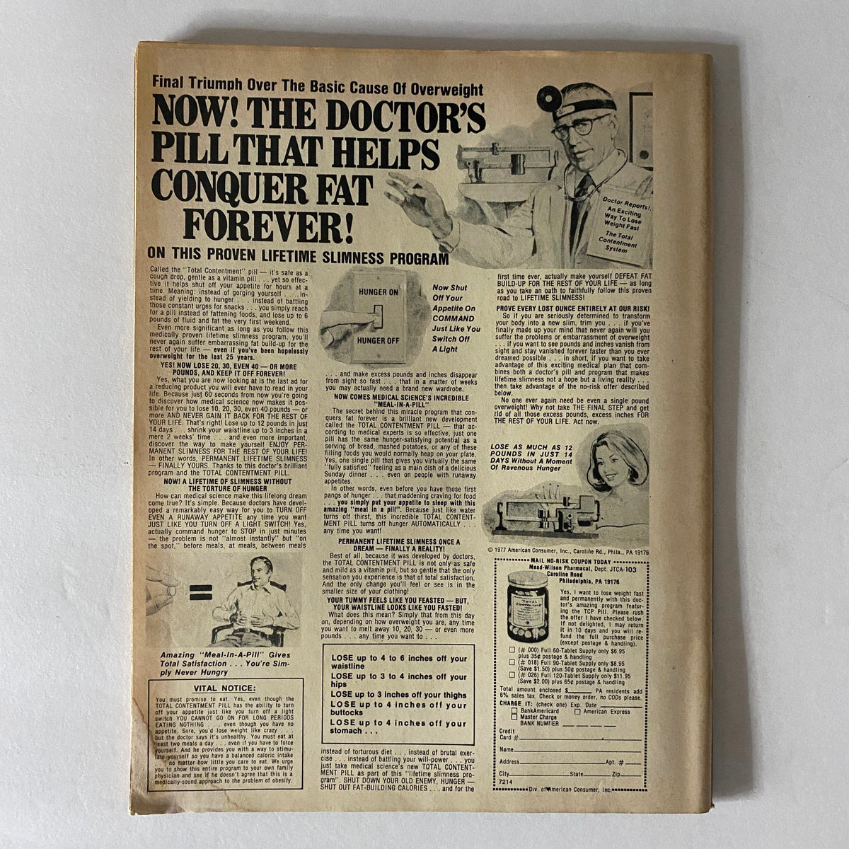Back cover of VTG Hit Parader Yearbook Summer-Fall 1977 displaying an advertisement for a weight loss product, highlighting marketing techniques from the 1970s.