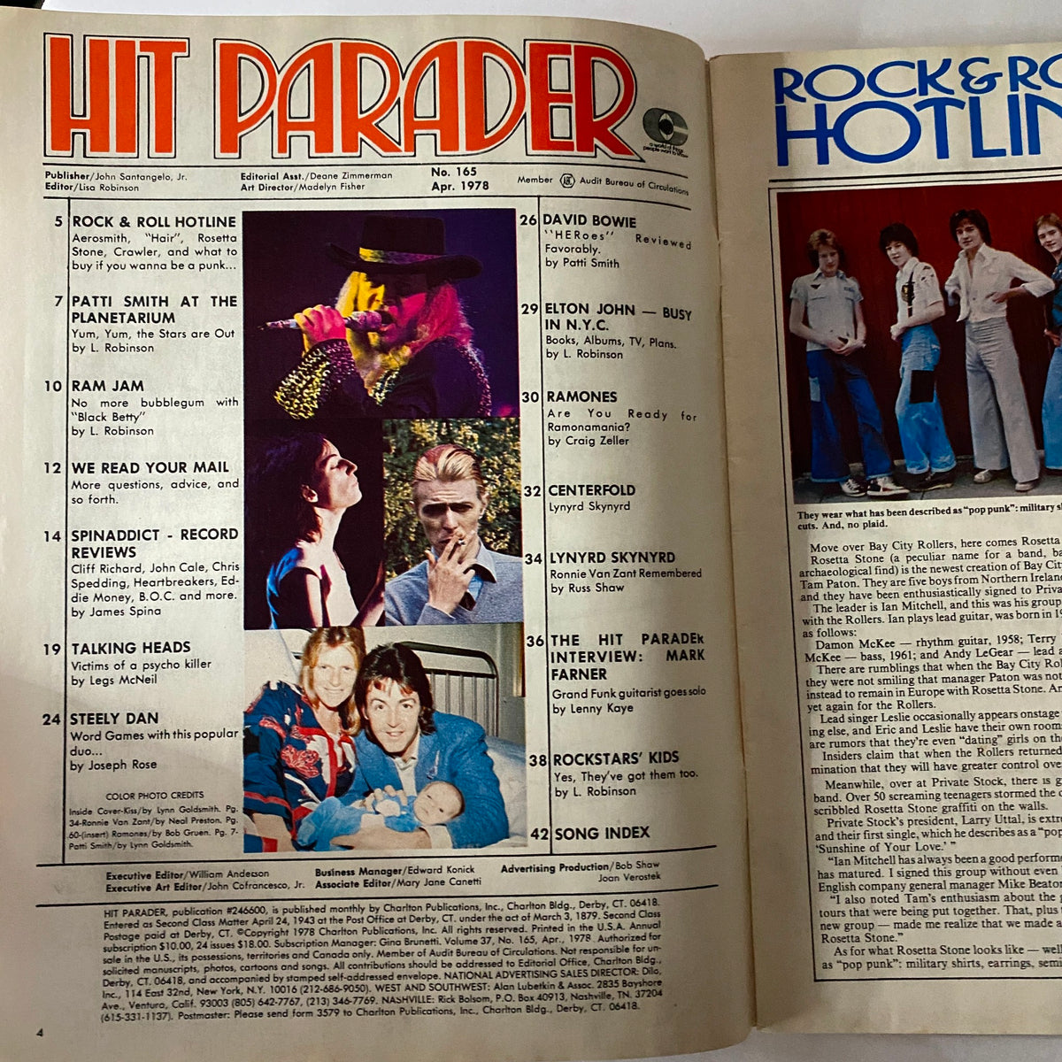 Interior page from VTG Hit Parader Magazine April 1978 showcasing David Bowie and contents listing including articles and interviews with various rock stars.