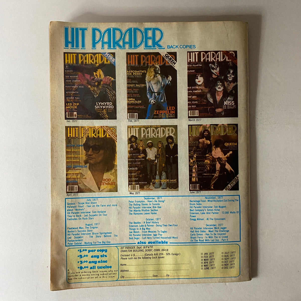 Back cover of VTG Hit Parader Magazine April 1978 displaying advertisements for previous issues of the magazine and their notable rock star covers.