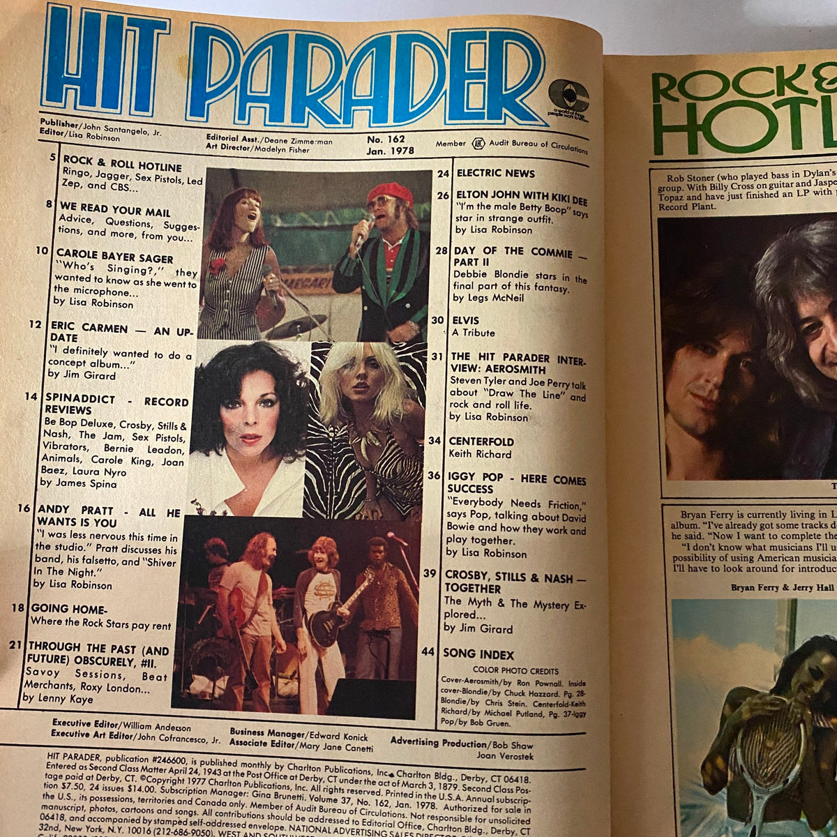 Inside page of Hit Parader Magazine January 1978 showcasing articles featuring celebrities like Debbie Harry, Iggy Pop, and musicians, with Steven Tyler's interview mentioned.