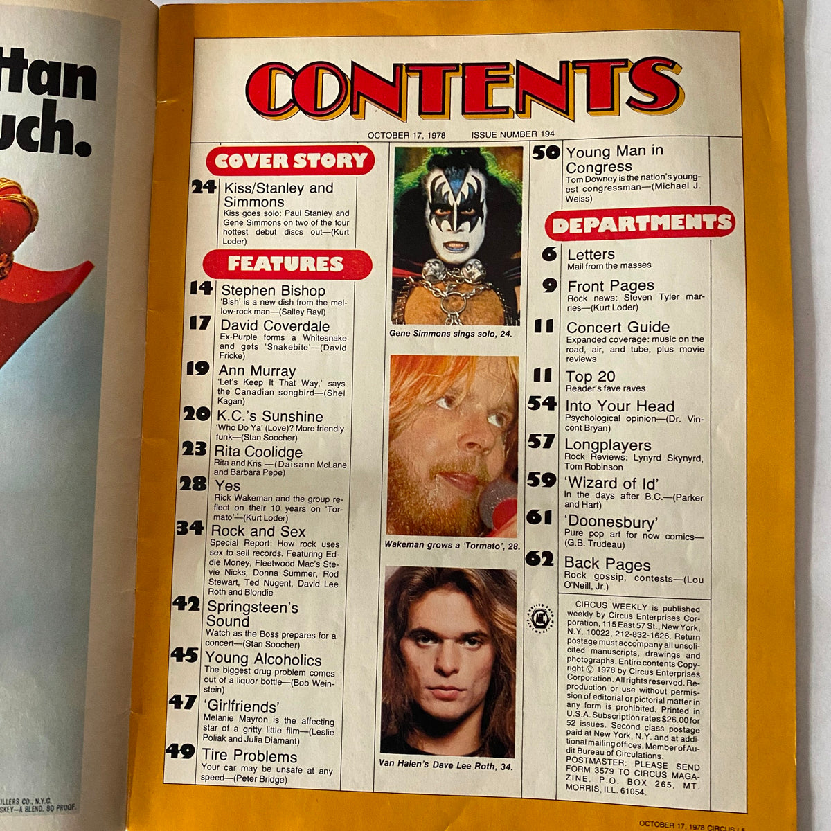 Contents page of VTG Circus Magazine October 17, 1978, featuring articles on KISS and other rock artists, along with Gene Simmons's solo feature.