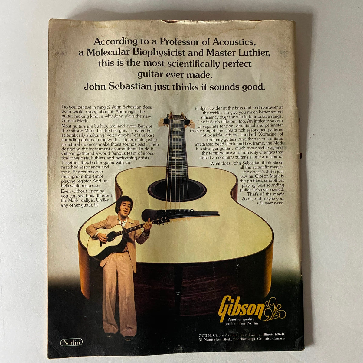 Back cover of VTG Circus Magazine June 23 1977 showcasing a Gibson guitar advertisement featuring John Sebastian.