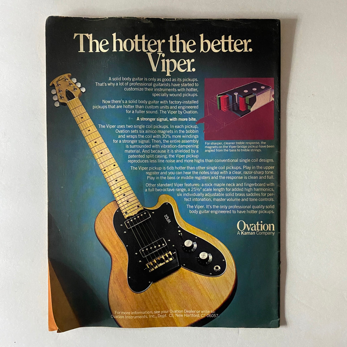Advertisement page from VTG Circus Magazine May 26 1977, promoting the Viper guitar by Ovation, highlighting its unique pickup design and sound.