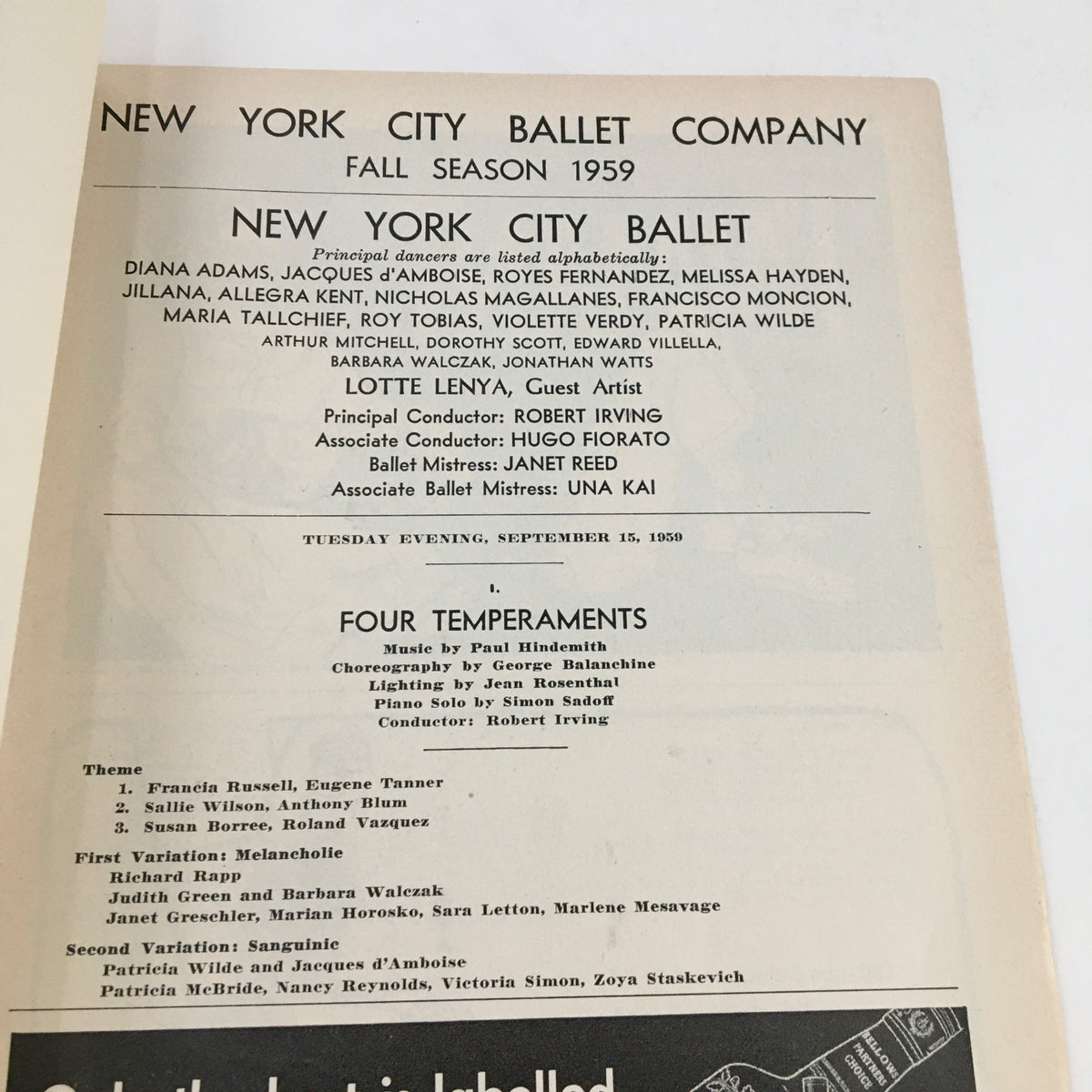Advertisement page in the 1959 Playbill for The City Center of Music and Drama Present The Still Point Musical including details of the New York City Ballet Company.