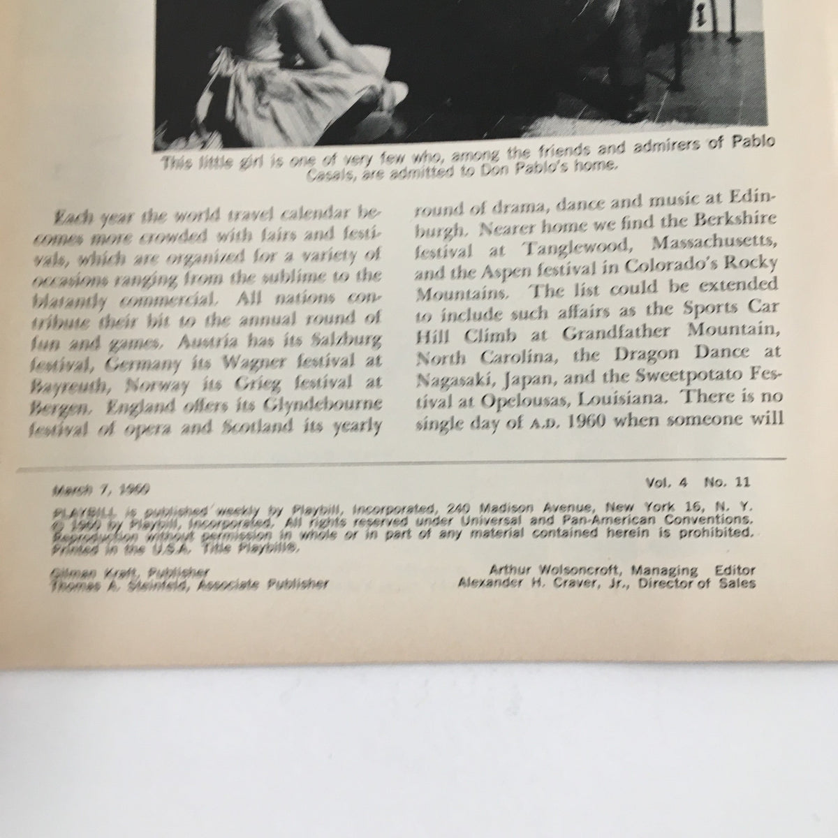 Back cover of the 1960 Playbill Anta Theatre, containing articles and information related to various cultural festivals and events.