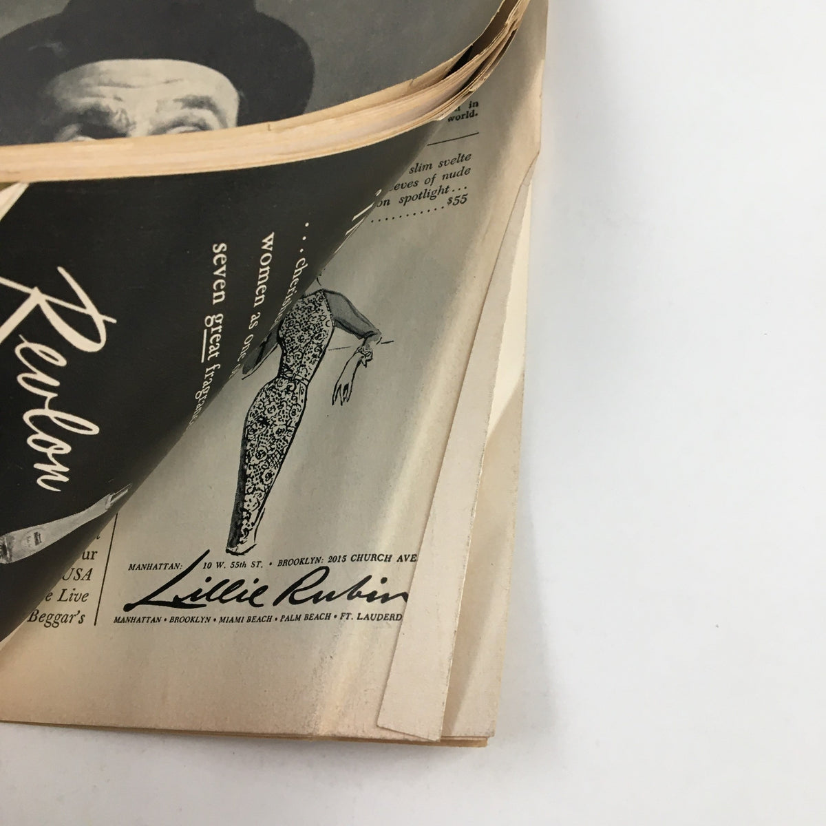 Close-up of a vintage Playbill from 1960 featuring Tom Ewell & Paul Ford in A Thurber Carnival, showing the interior pages with an advertisement for Revlon.
