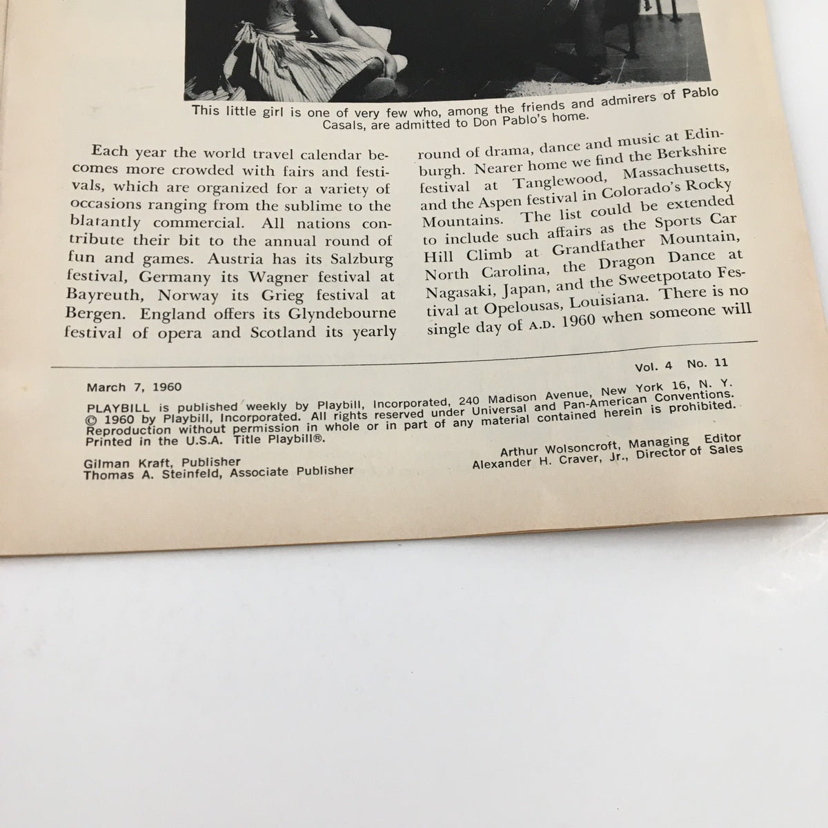 Back cover of the 1960 Playbill for A Thurber Carnival featuring an article about international festivals and events, highlighting cultural experiences.
