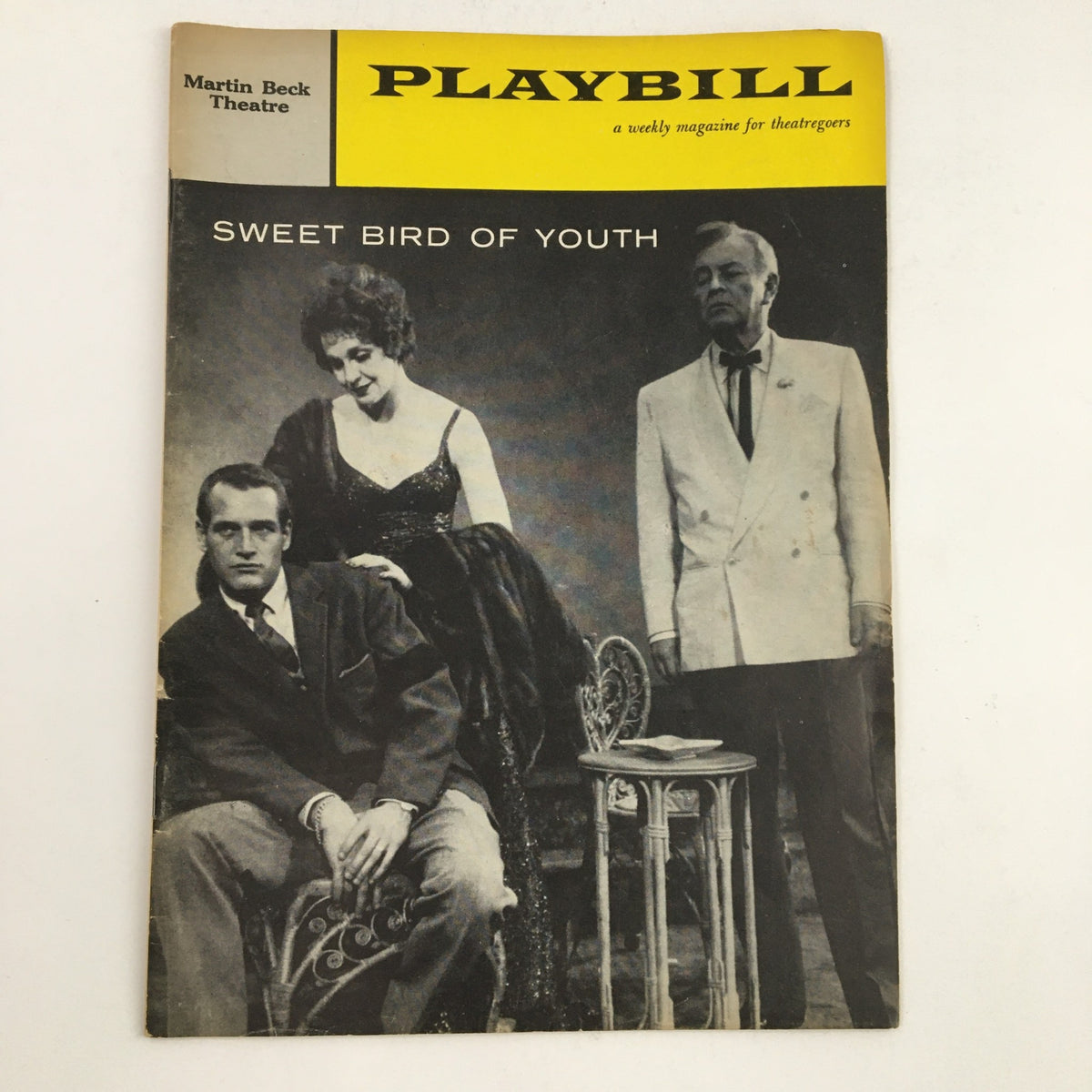 1959 Playbill for Sweet Bird of Youth featuring Paul Newman at the Martin Beck Theatre, showcasing the iconic play's cover with striking black and white imagery.