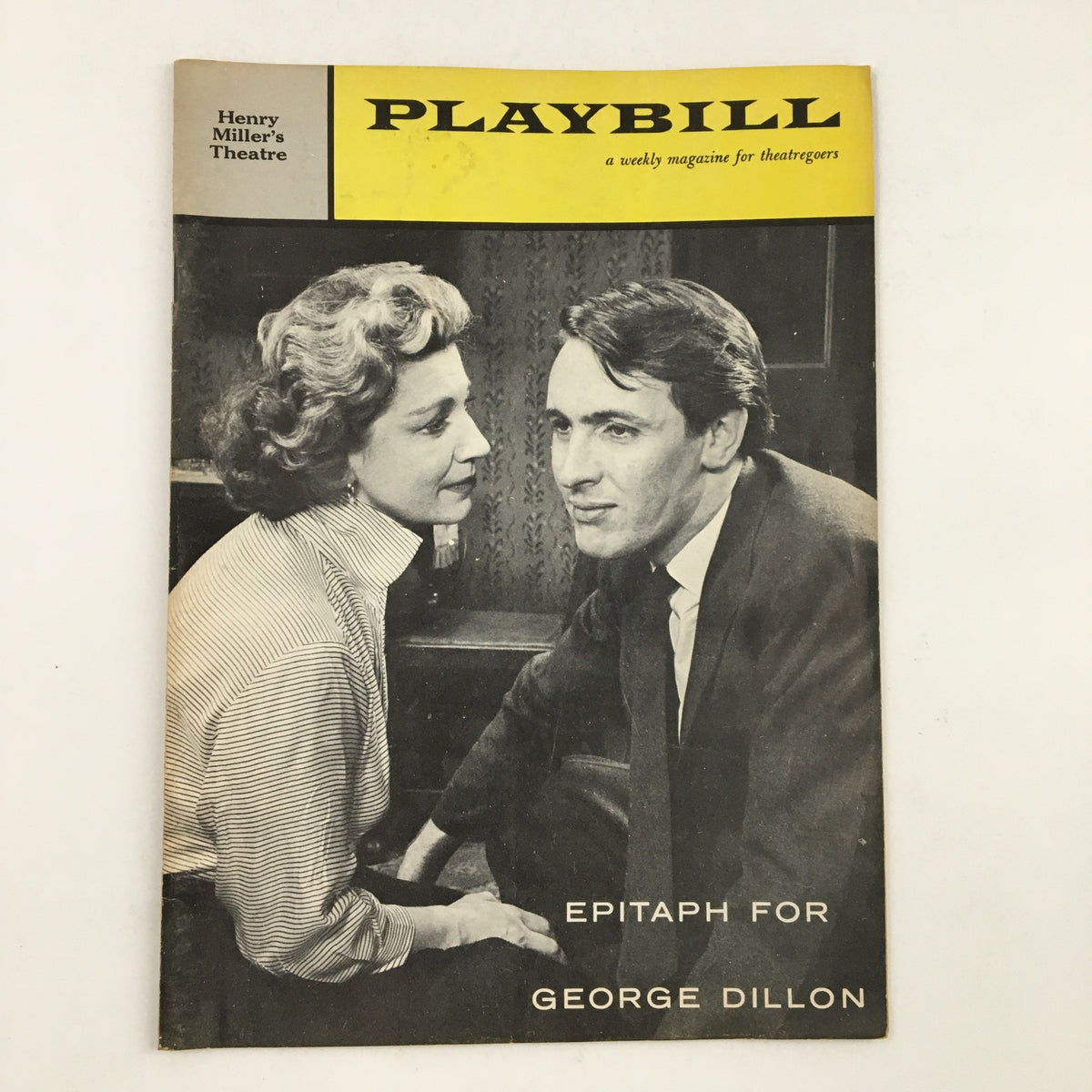1959 Playbill for Epitaph for George Dillon featuring Eileen Herlie at Henry Miller's Theatre, showcasing vintage theatrical artwork and design.