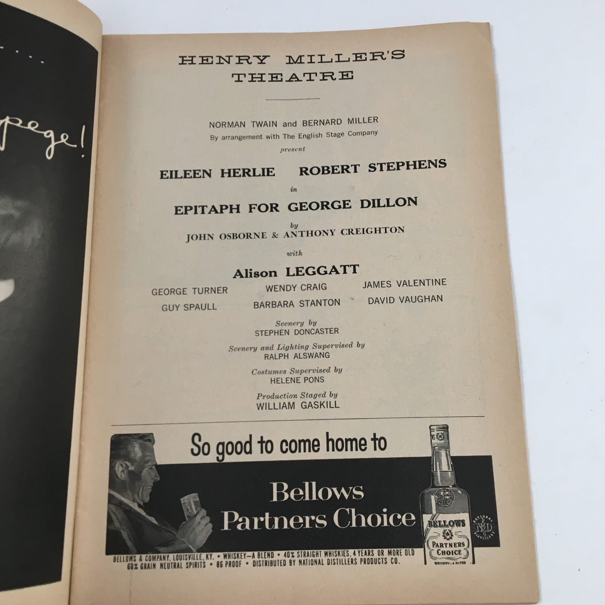 Page from the 1959 Playbill for 'Epitaph for George Dillon' featuring cast list at Henry Miller's Theatre, including Eileen Herlie and Robert Stephens.