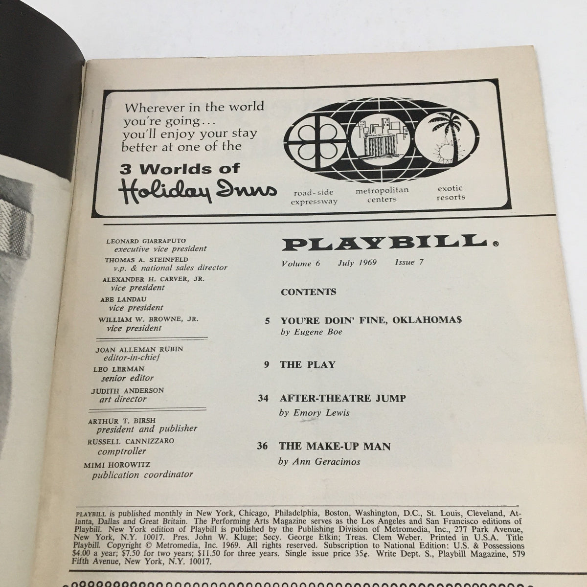 Inside page of the 1969 Playbill for Promises, Promises, showing detailed contents and advertisements from the Broadway scene.
