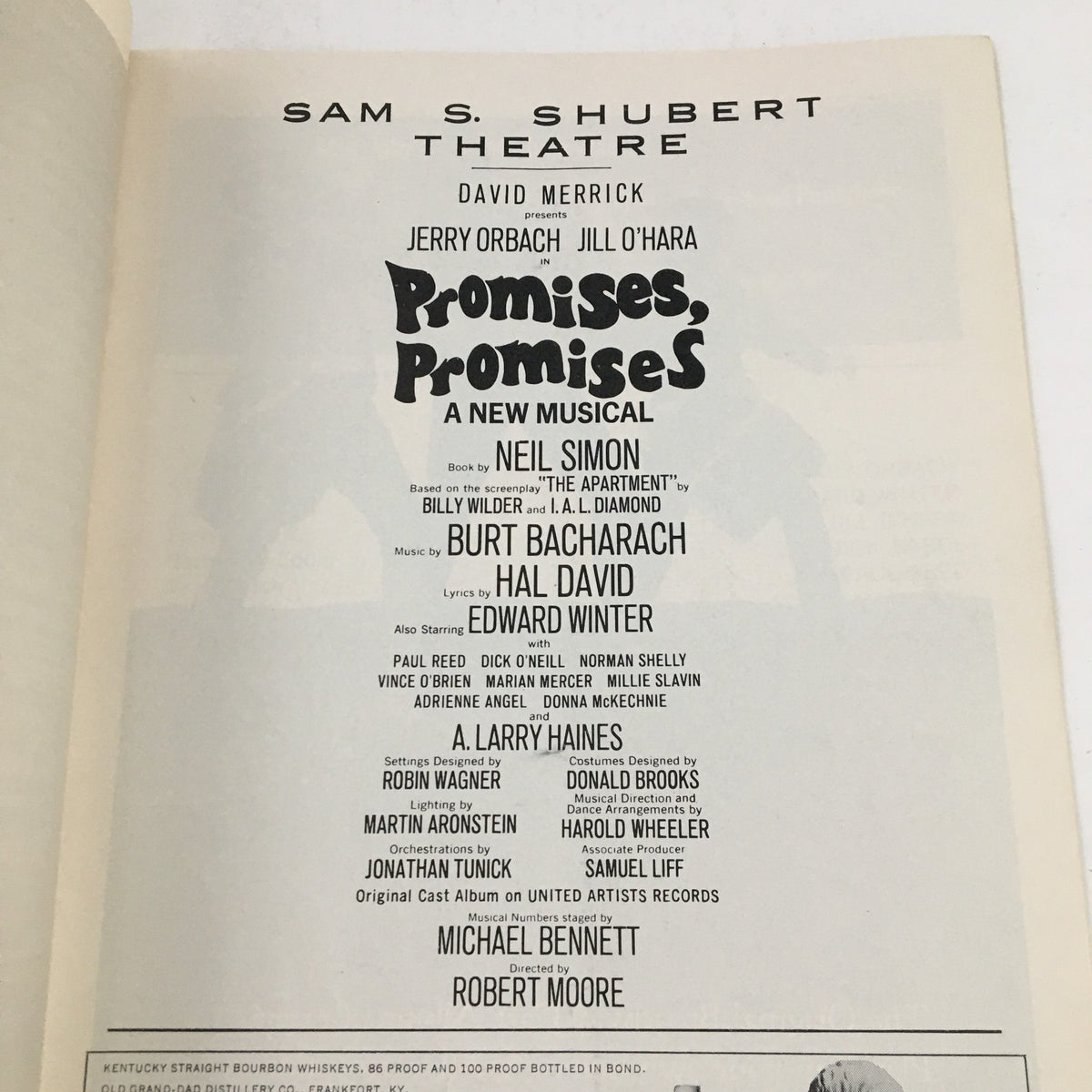Cast and crew credits page from the 1969 Playbill for Promises, Promises, detailing key contributors to the production.