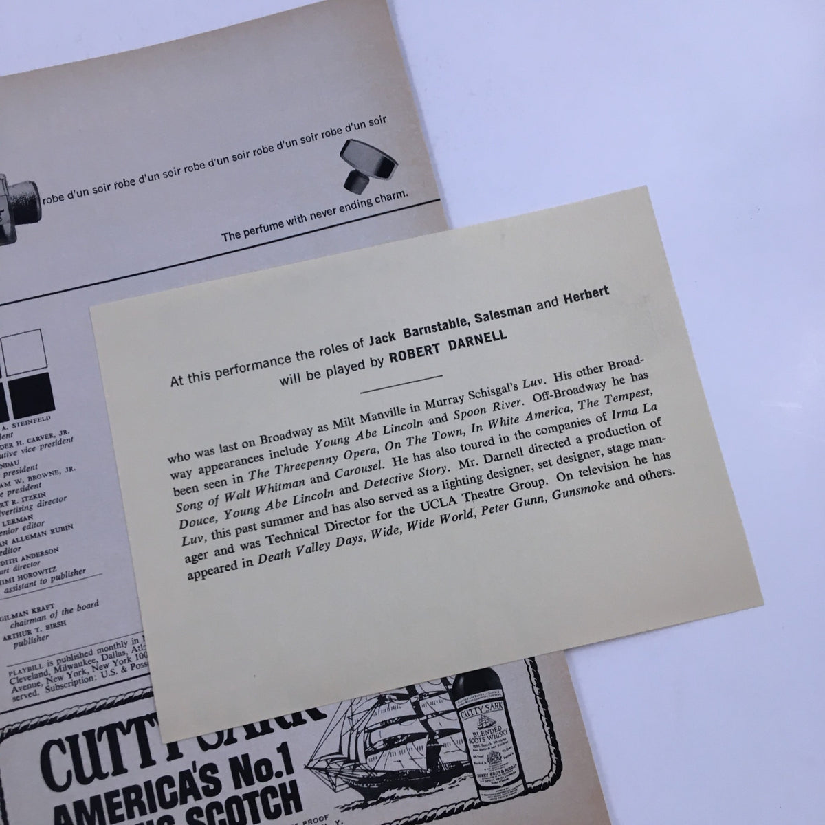Inside the 1967 Playbill from Ambassador Theatre showing performance details and roles for 'You Know I Can't Hear You When The Water's Running'.
