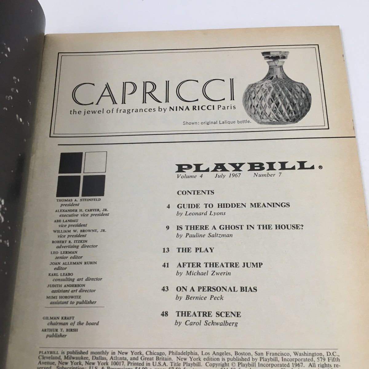 Inside page of the 1967 Playbill for Don't Drink The Water, showcasing contents and artwork related to the production at the Morosco Theatre.
