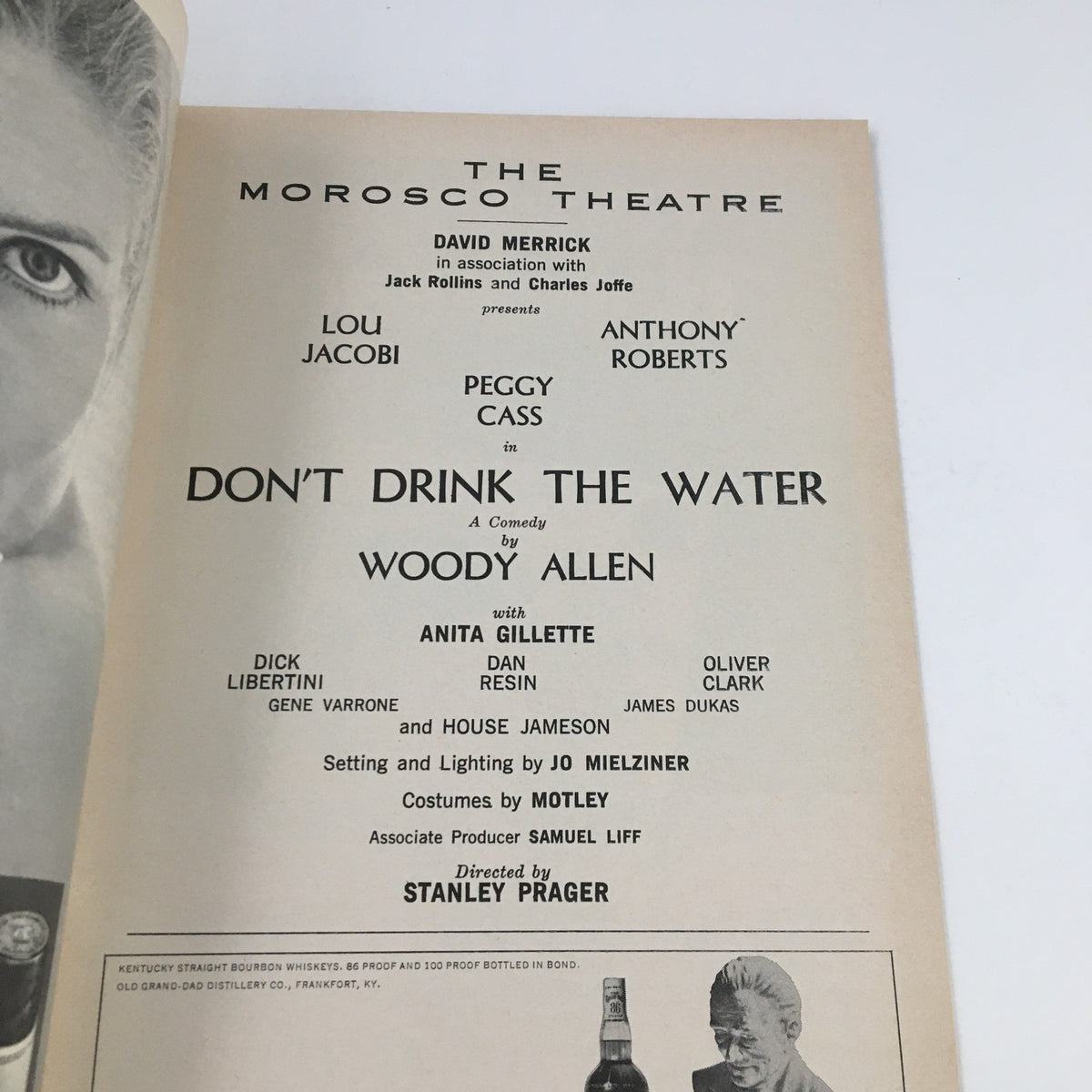 1967 Playbill from the Morosco Theatre featuring Peggy Cass in Woody Allen's comedy Don't Drink The Water, showcasing the cast and production details.