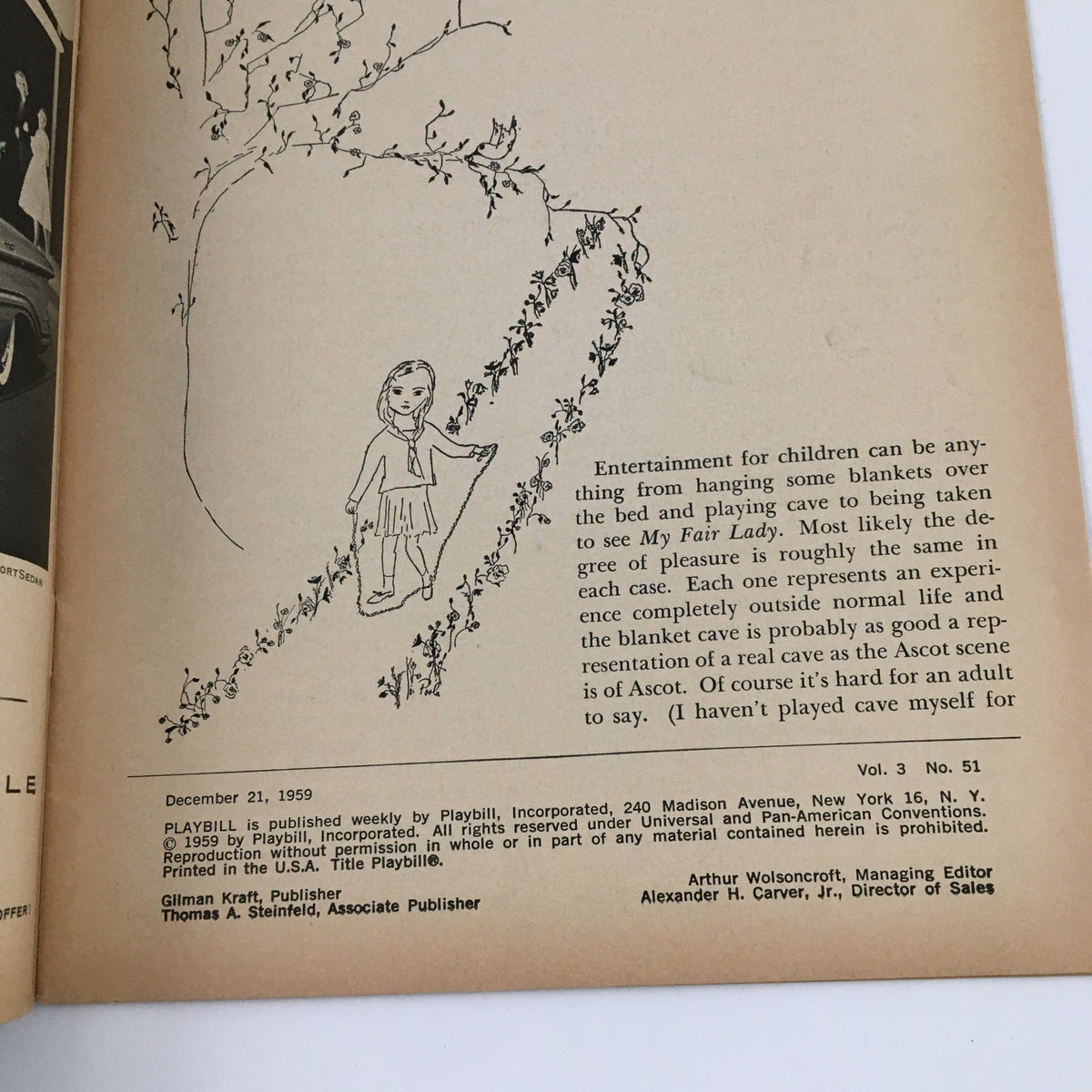 Interior page of the 1959 Playbill Lyceum Theatre Leland Hayward Presents Goodbye Charlie A Comedy, showcasing an illustration and text discussing children's entertainment.