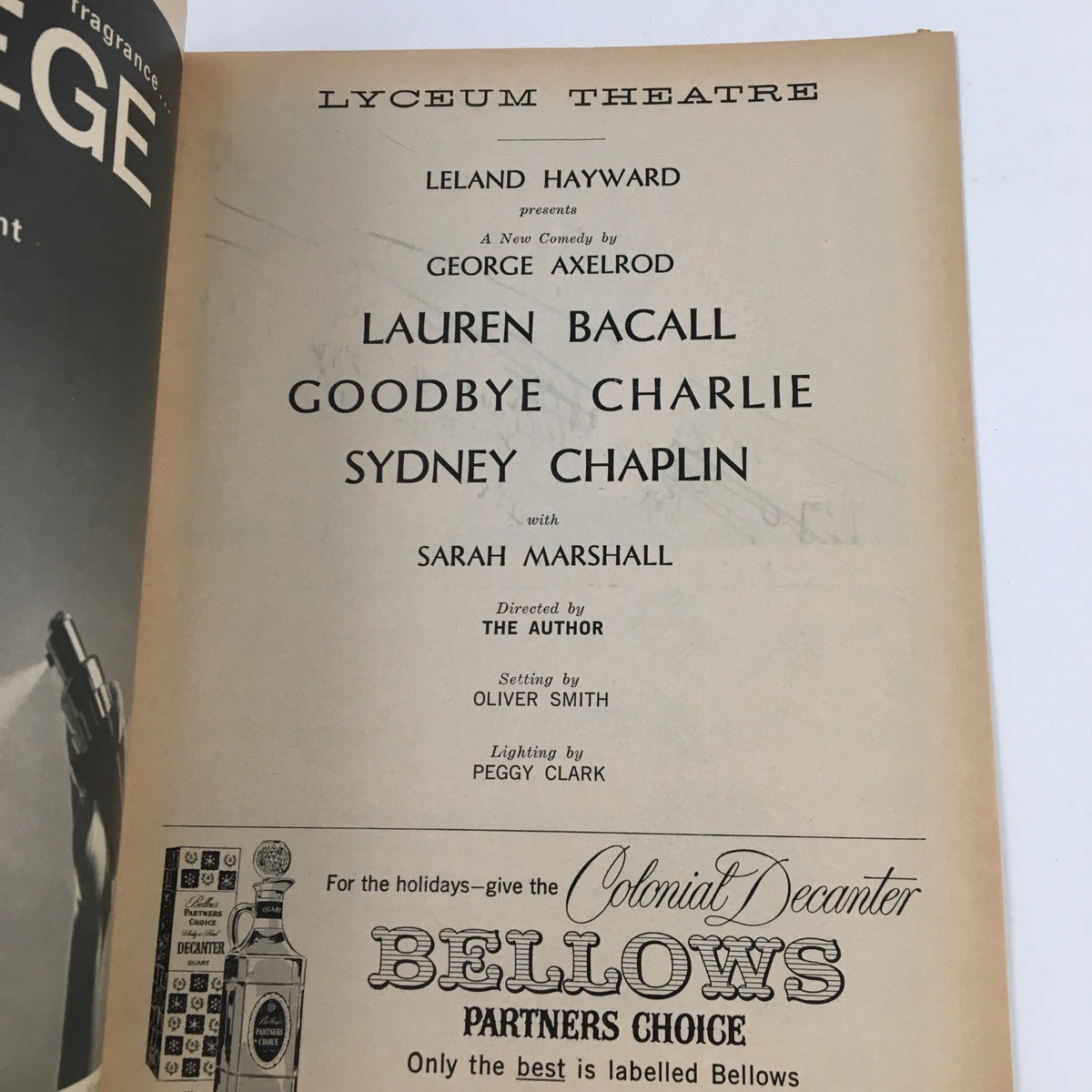 Details from the 1959 Playbill Lyceum Theatre Leland Hayward Presents Goodbye Charlie A Comedy, including cast information highlighting Lauren Bacall and Sydney Chaplin.