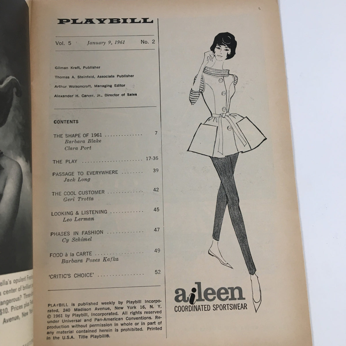 Inside page of the 1961 Playbill for Bye Bye Birdie, listing contents and featuring a fashionable illustration, highlighting the period's style.