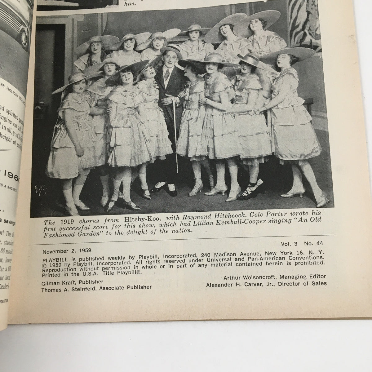 Interior page from the 1959 Playbill showing the chorus from the musical Hitchy-Koo, highlighting a historical snapshot of early 20th-century theatrical performance.