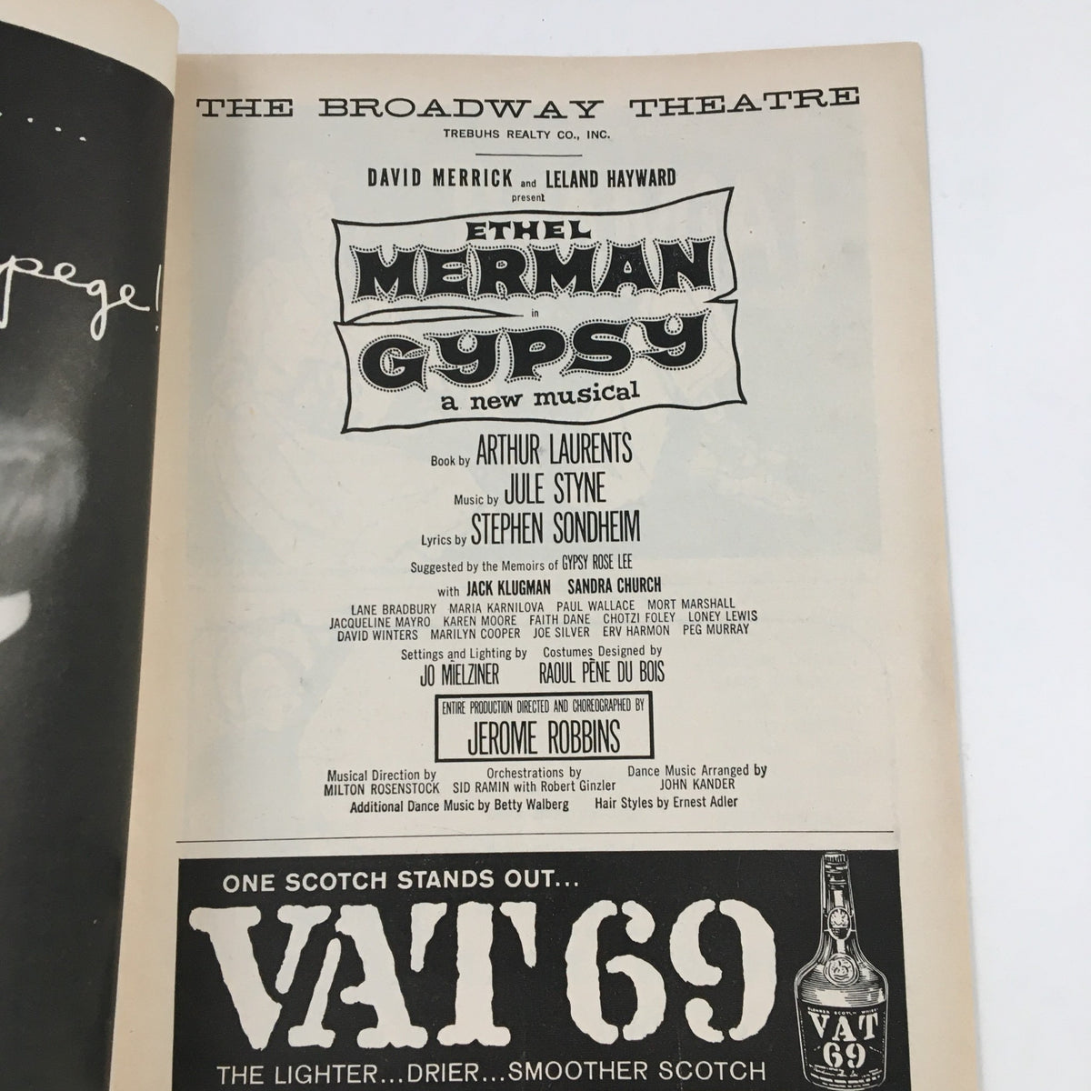 Page from the 1959 Playbill outlining the cast and crew for Gypsy, featuring key contributors like Arthur Laurents, Jule Styne, and Stephen Sondheim.