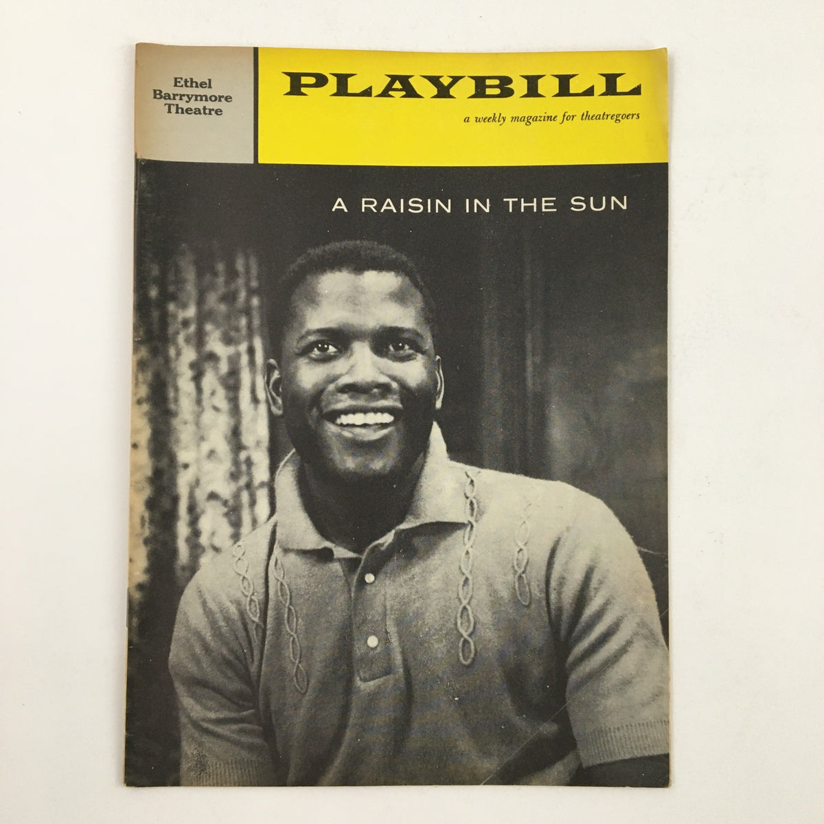 1959 Playbill for 'A Raisin In The Sun' featuring Sidney Poitier, published by Ethel Barrymore Theatre, showcasing a historic theatrical performance.
