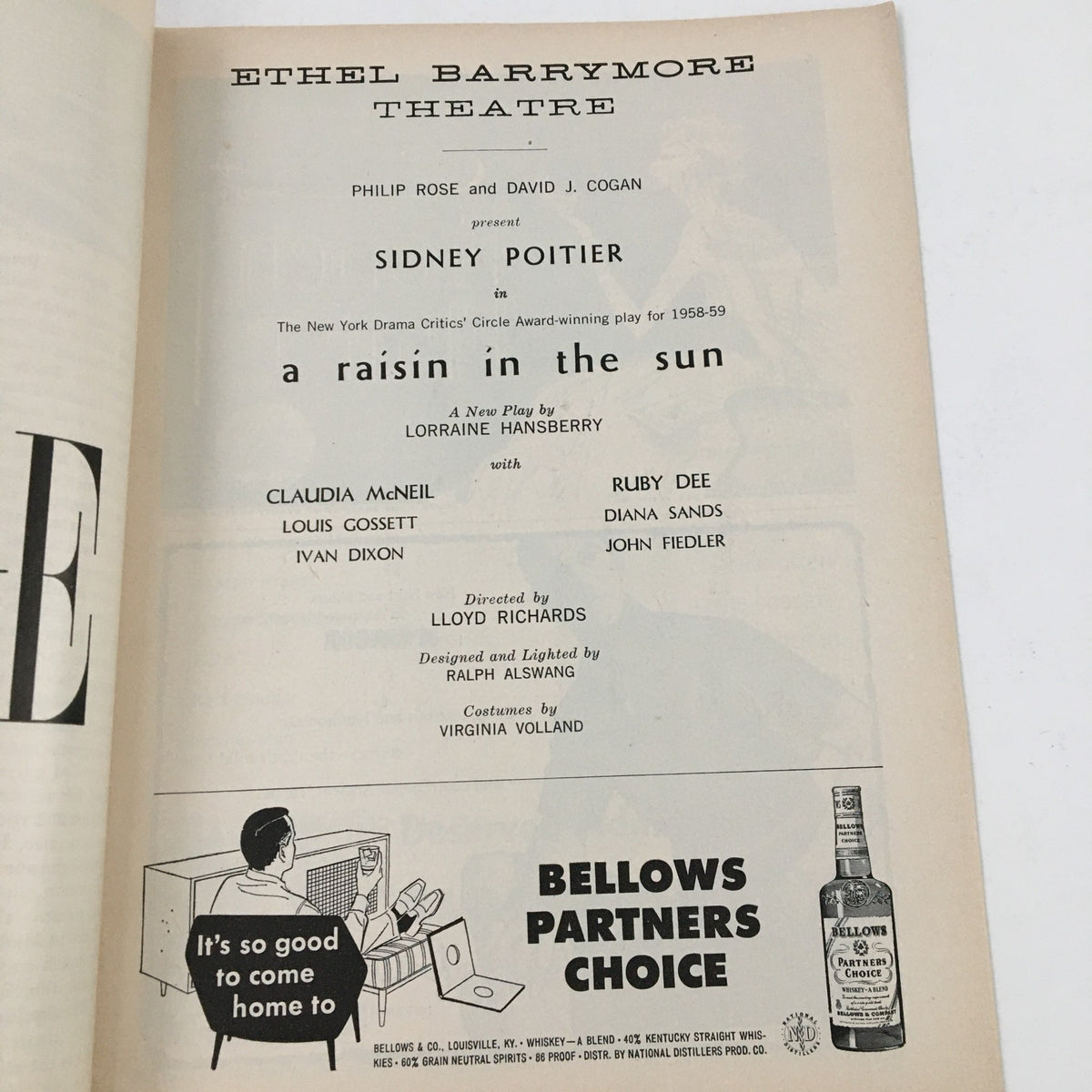1959 Playbill for 'A Raisin In The Sun' featuring Sidney Poitier at Ethel Barrymore Theatre, displaying details of the play and cast.