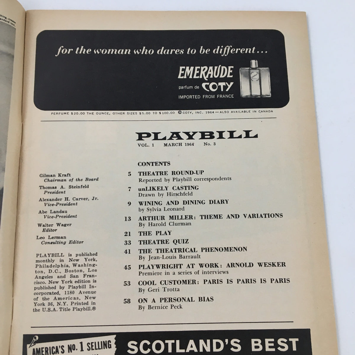Inside page of the 1964 Playbill for Nobody Loves An Albatross, featuring contents and editor notes, highlighting the historical context of the theatre publication.