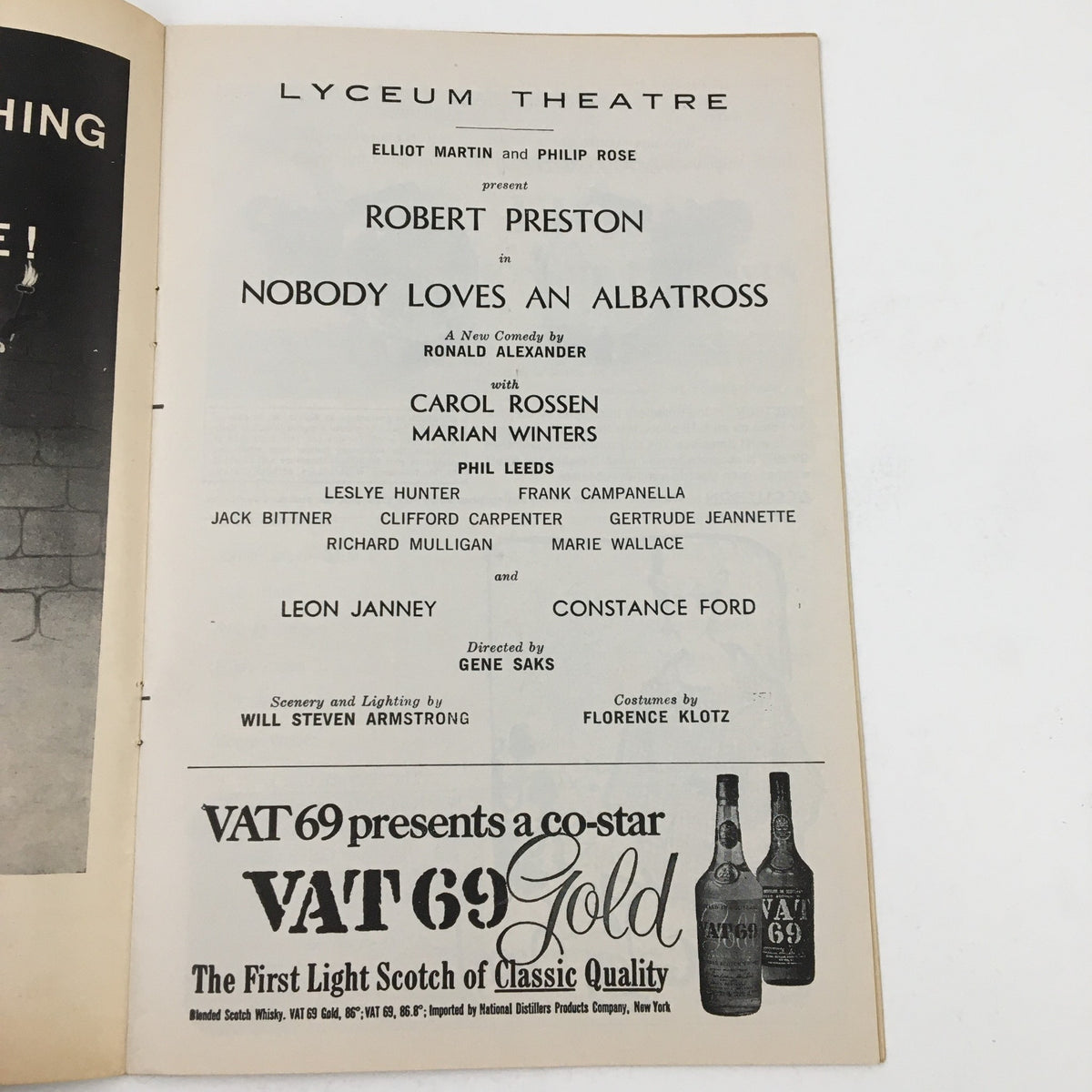 Inside page of the 1964 Playbill for Lyceum Theatre, detailing the cast and production team for Nobody Loves An Albatross, emphasizing the theatrical elements of the play.