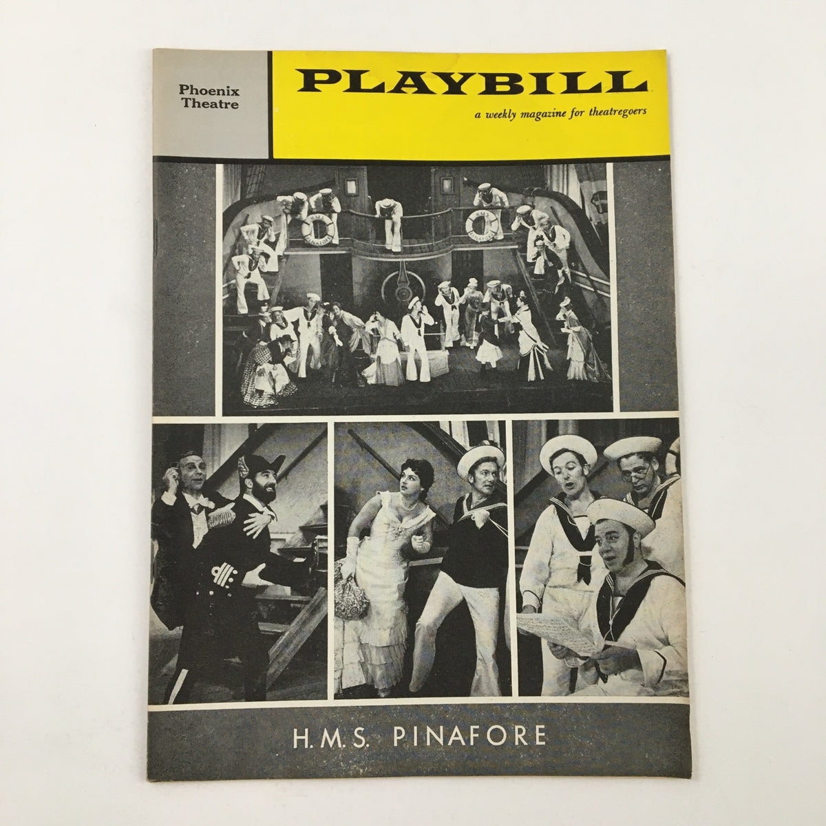 1960 Playbill for H.M.S. Pinafore at the Phoenix Theatre, featuring a black and white collage of scenes from the production.