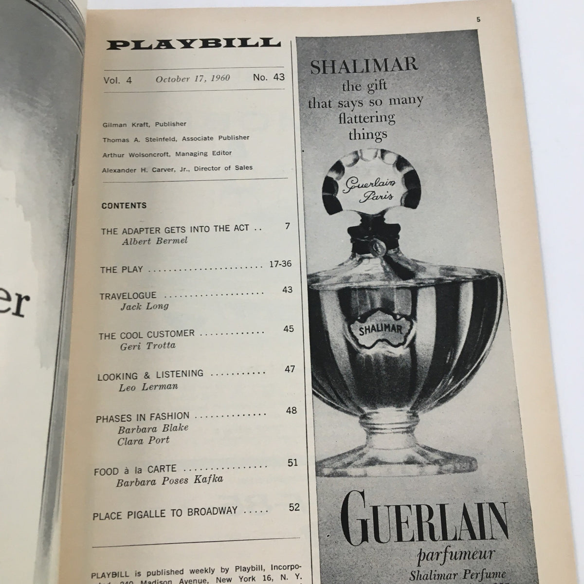 Interior page of the 1960 Playbill for H.M.S. Pinafore, listing contents and articles from the October 17, 1960 issue.