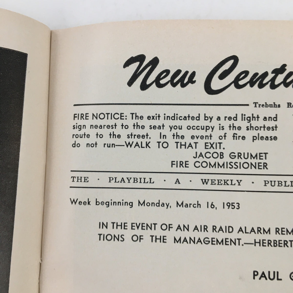 Close-up of the 1953 Playbill for John Brown's Body highlighting the New Century Theatre logo and fire safety notice.