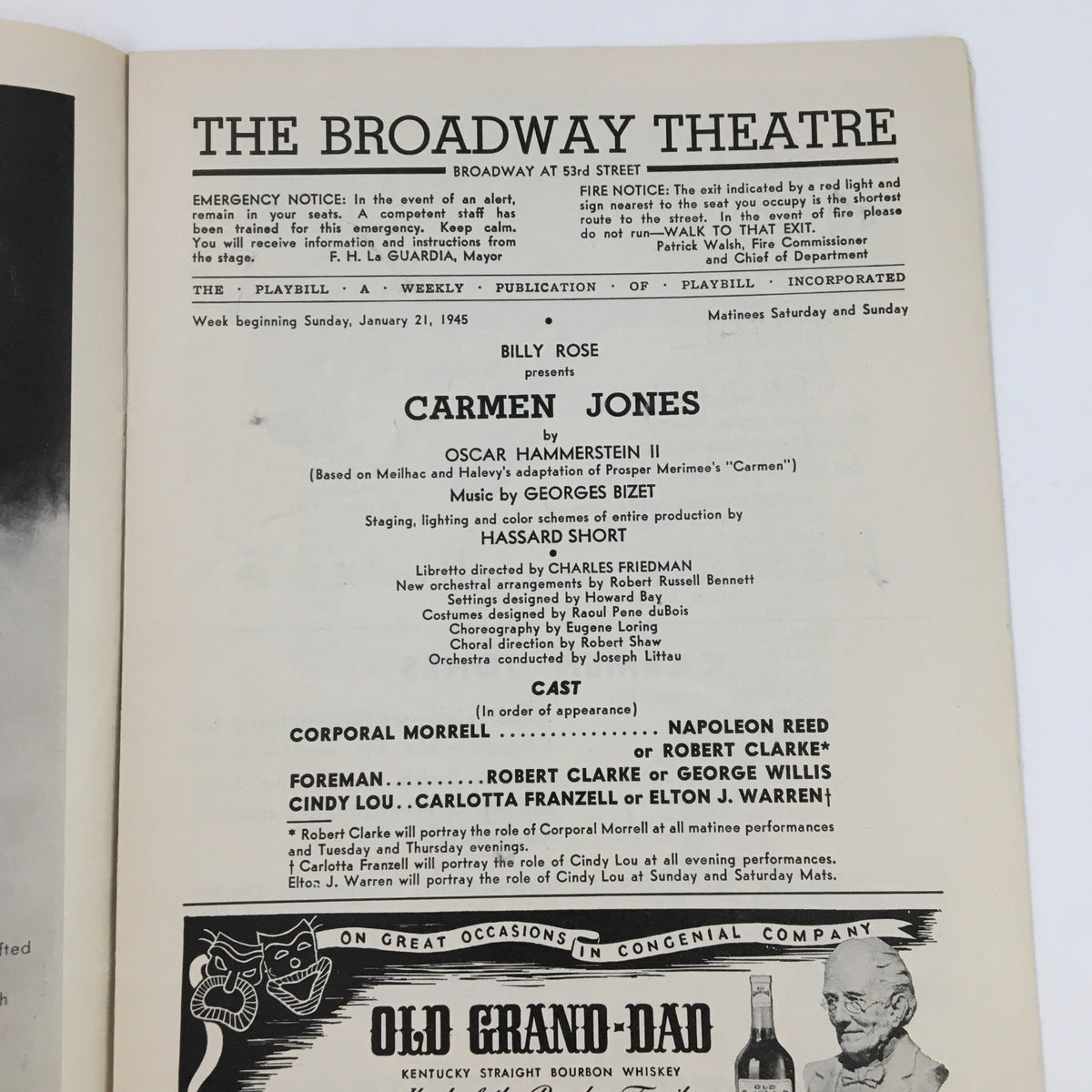 1945 Playbill for Carmen Jones by Oscar Hammerstein II at The Broadway Theatre, featuring details about the cast, direction, and production information.