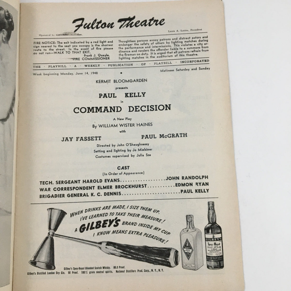1948 Playbill from Fulton Theatre presenting Command Decision by William Wister Haines, featuring cast details and performance information.