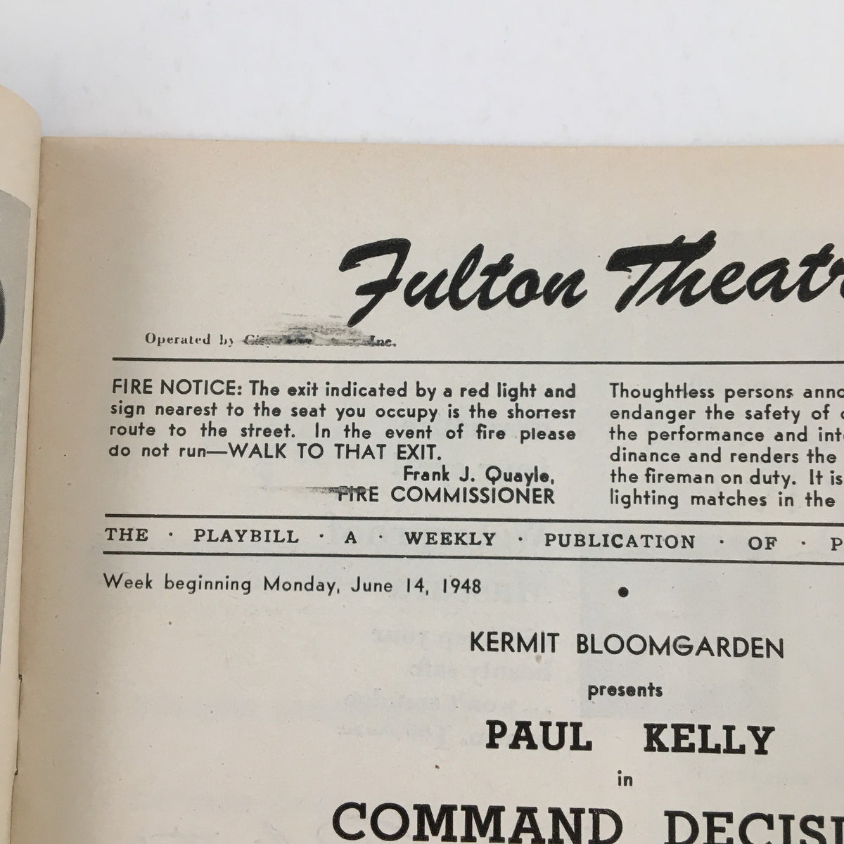 Inside view of the 1948 Playbill from Fulton Theatre showcasing Command Decision by William Wister Haines, including fire safety notice and production credits.