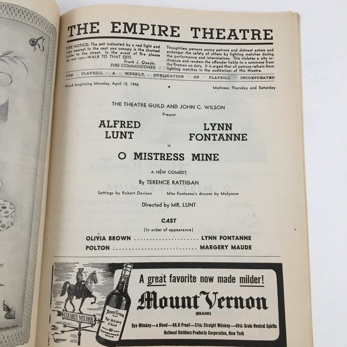 Interior view of the 1946 Playbill for The Empire Theatre featuring Lynn Fontanne in O Mistress Mine, displaying cast details and production information, including the names of actors and the playwright Terence Rattigan.