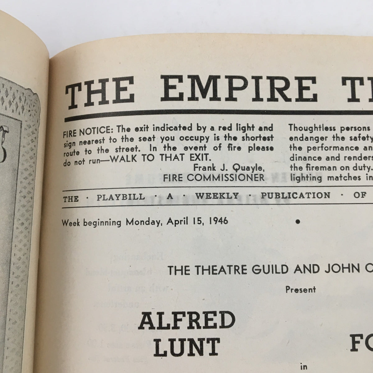 Another view of the interior page of the 1946 Playbill for The Empire Theatre, highlighting important safety information and the production credits for Lynn Fontanne in O Mistress Mine.