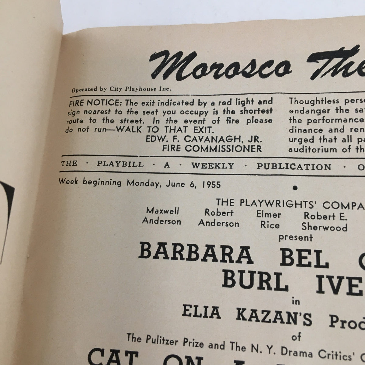 Another view of the interior page of the 1955 Playbill for Morosco Theatre, showing the title and production details of Cat On A Hot Tin Roof by Tennessee Williams.