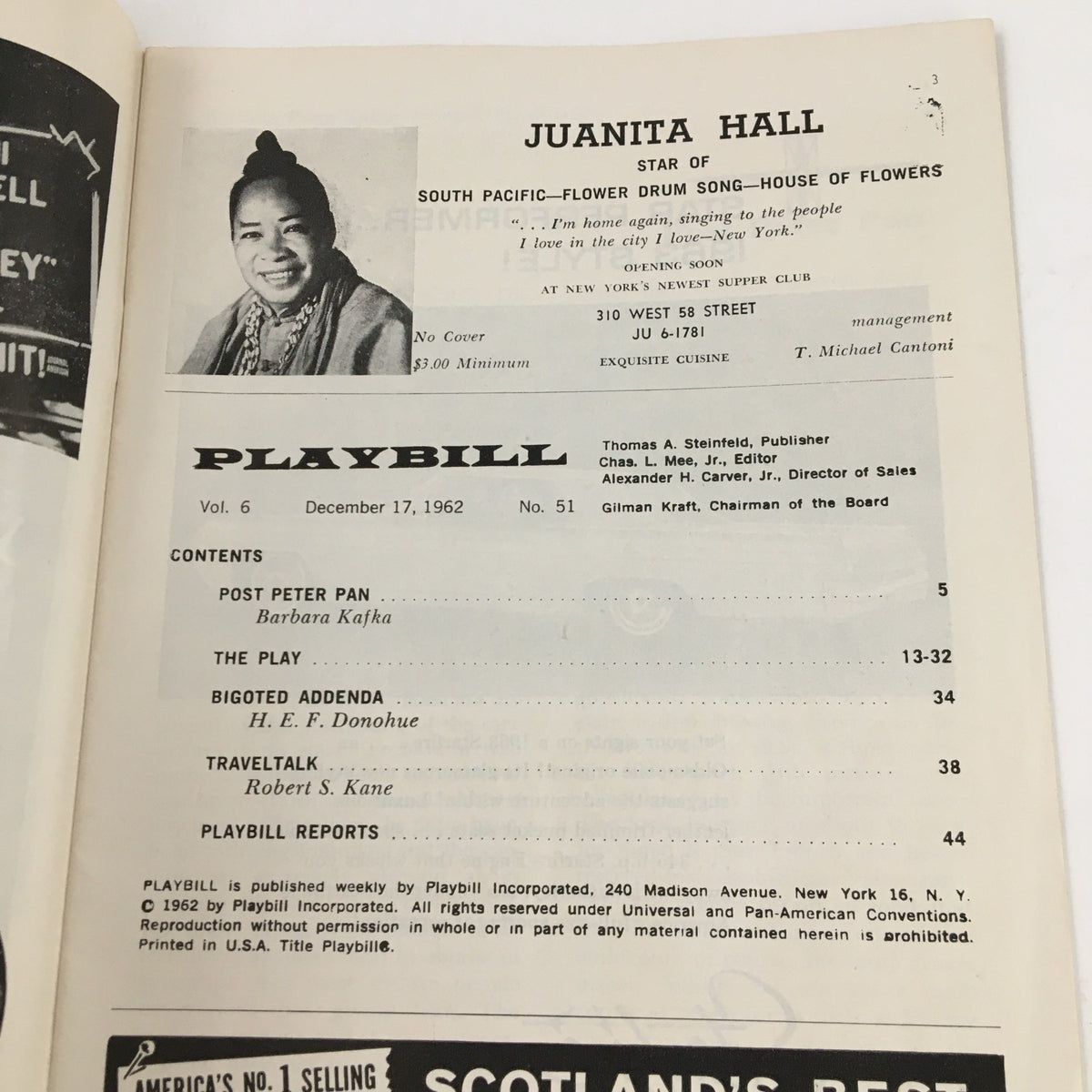 1962 Playbill from Sam S. Shubert Theatre including details about cast and crew, highlighting Juanita Hall as the star.