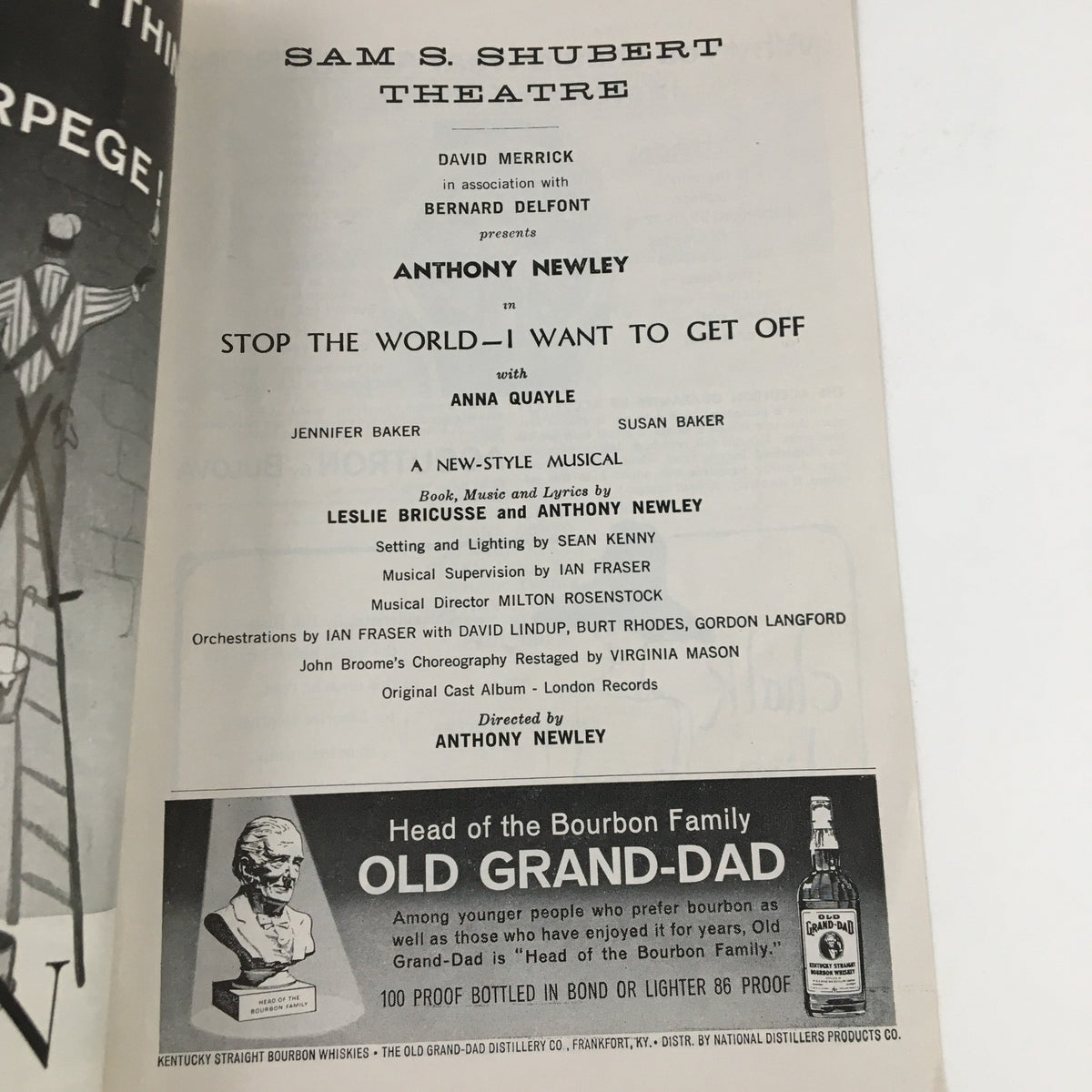 Detailed interior page of the 1962 Playbill from Sam S. Shubert Theatre featuring 'Stop The World – I Want To Get Off,' showcasing cast members Anthony Newley and Anna Quayle, with theater information and credits.