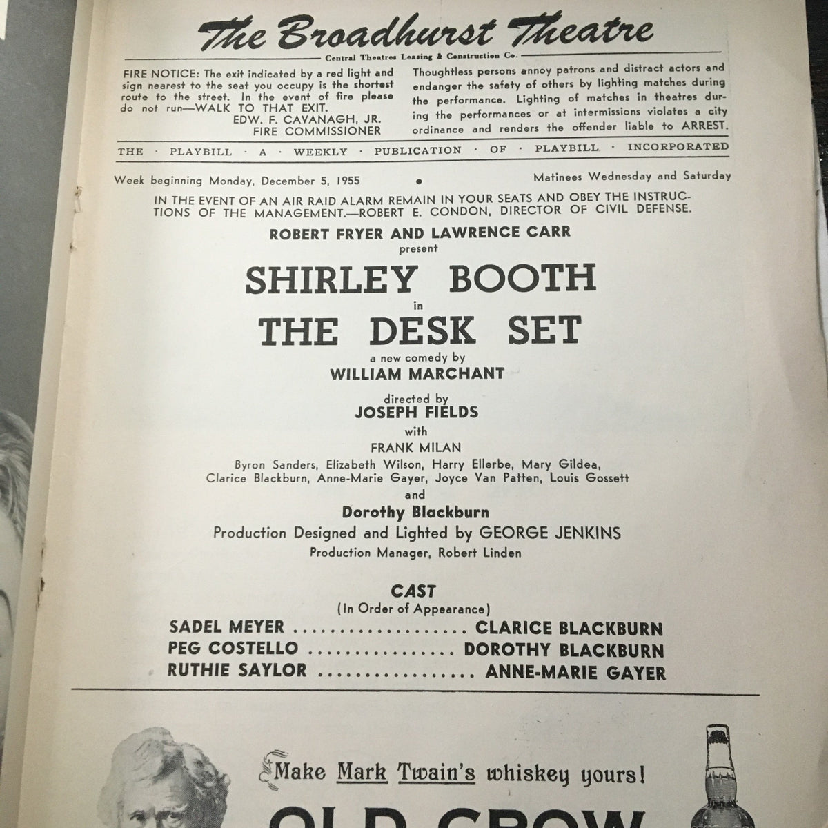 1955 Playbill The Broadhurst Theatre featuring Shirley Booth in The Desk Set. The playbill displays casting details and information about the production along with a fire safety notice.