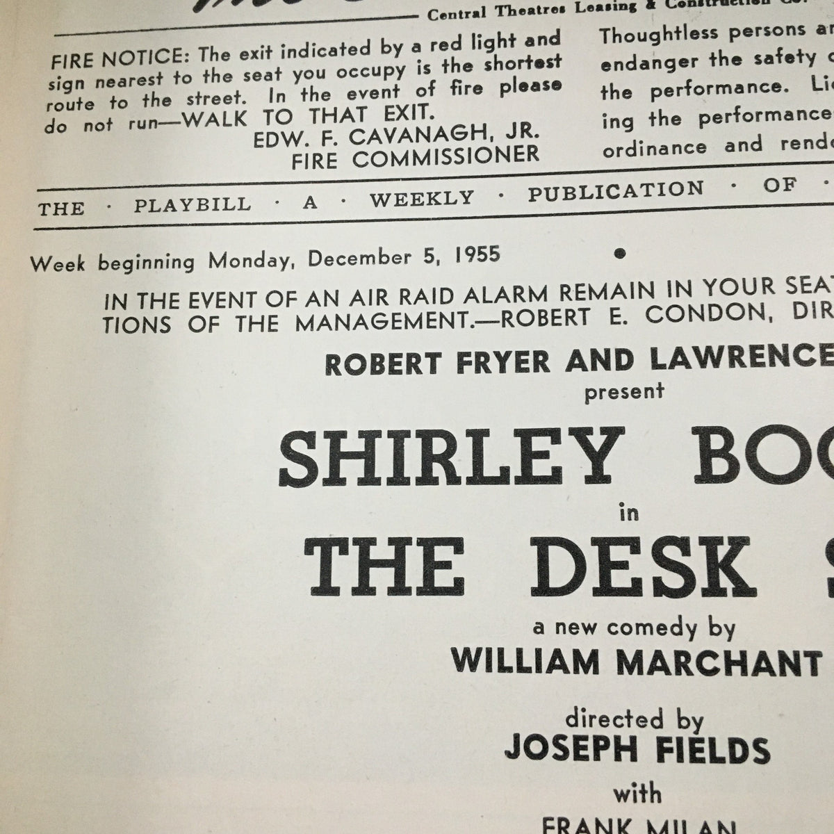 1955 Playbill The Broadhurst Theatre showcasing Shirley Booth in The Desk Set. The image highlights the play's title and director's details as well as safety instructions for attendees.