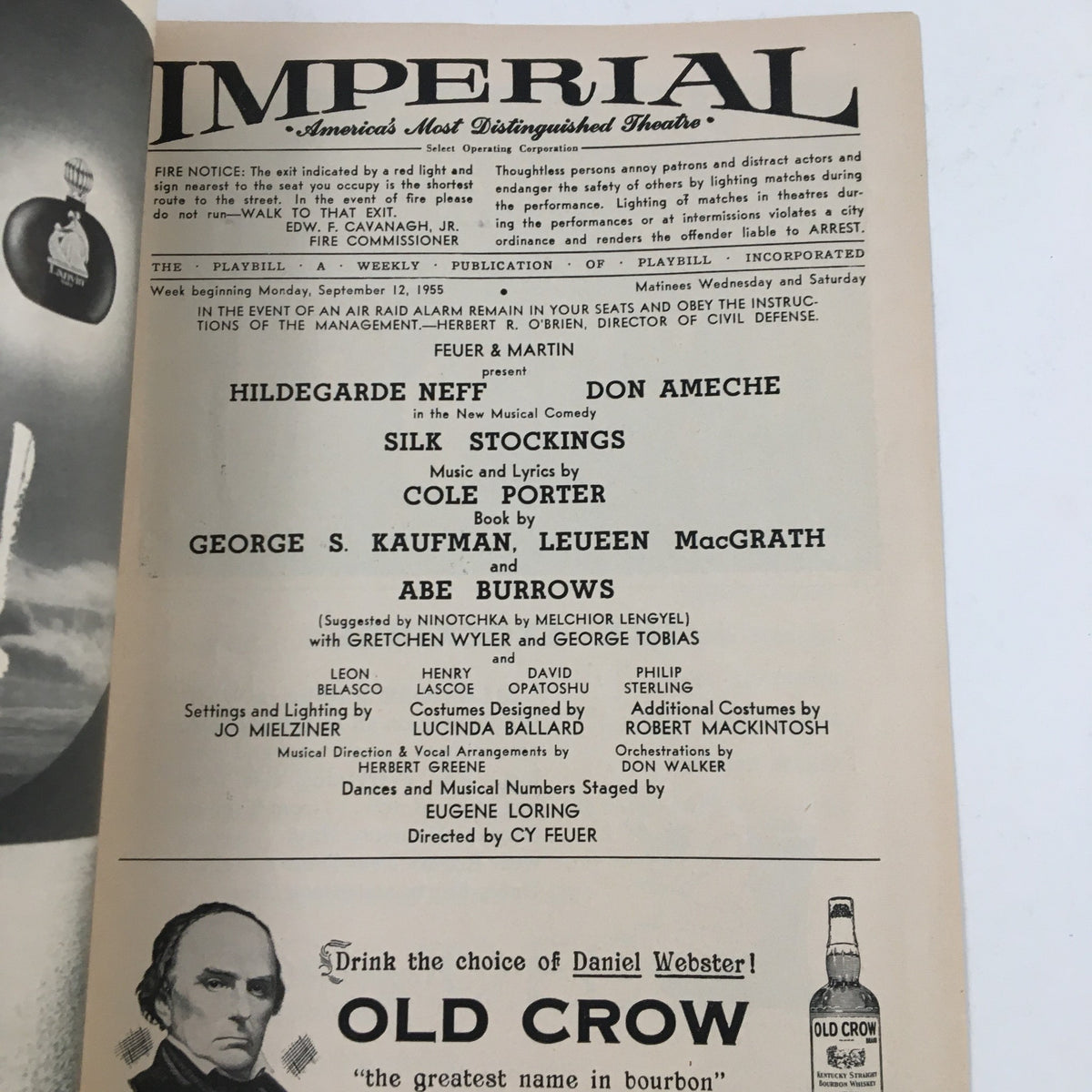 Interior page of the 1955 Playbill for The Imperial Theatre, detailing the cast and crew of Silk Stockings by Cole Porter, providing historical context to the production.