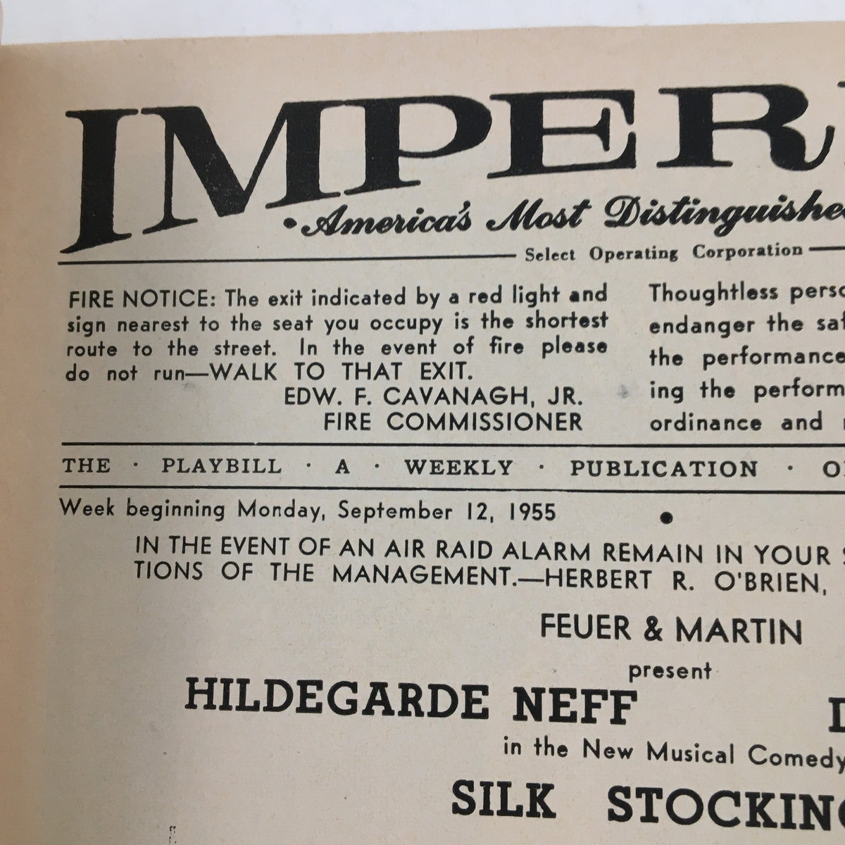 Vintage 1955 Playbill from The Imperial Theatre featuring Silk Stockings by Cole Porter, showcasing historical theater information and artistic design.