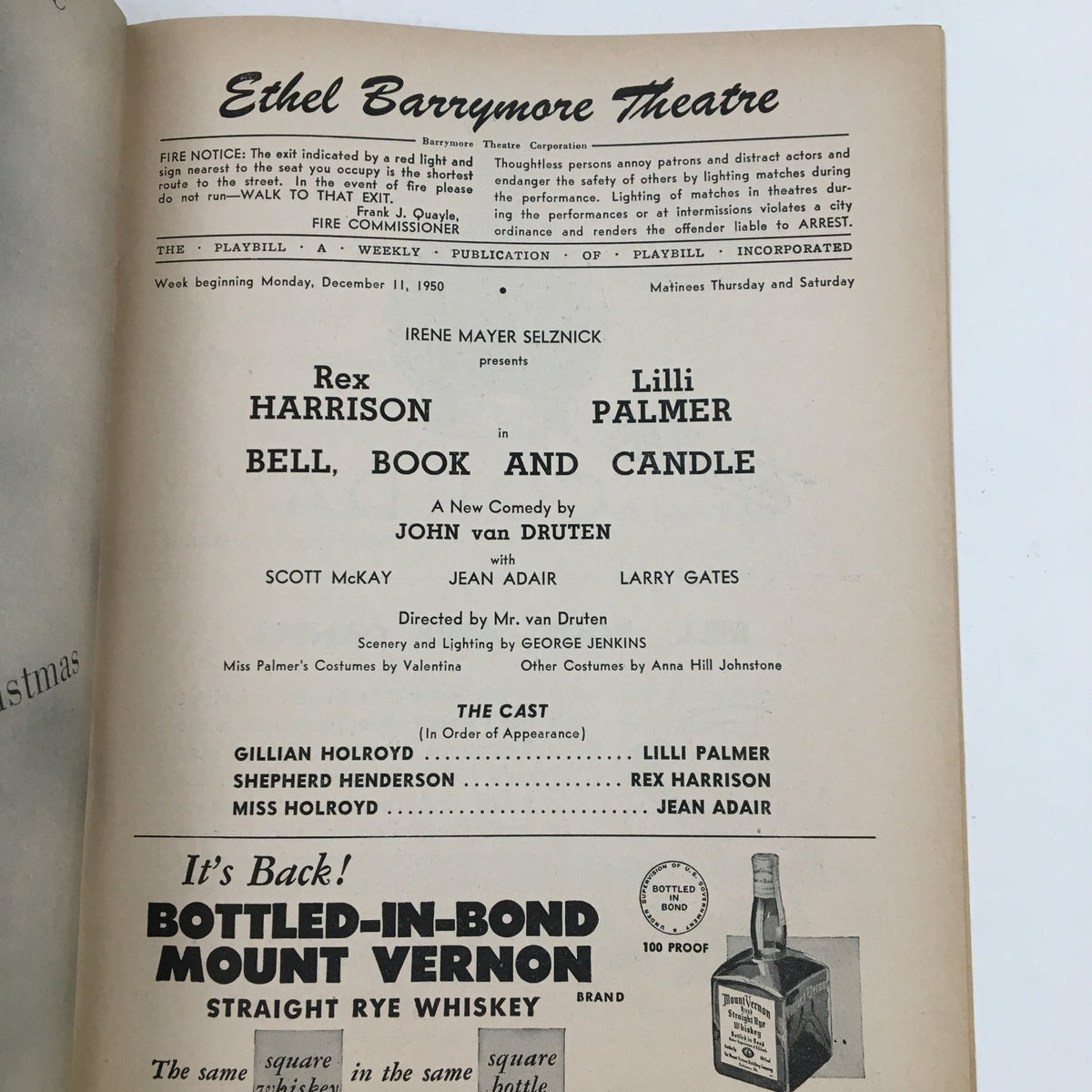 Interior page of the 1950 Playbill for 'Bell, Book and Candle' at the Ethel Barrymore Theatre, showcasing cast information and production details.