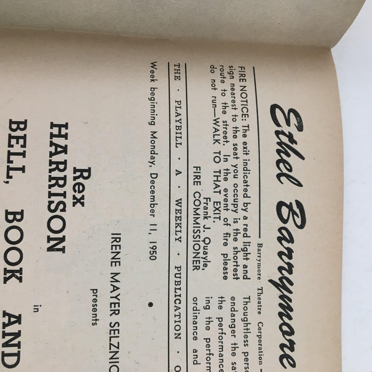 Another interior view of the 1950 Playbill for 'Bell, Book and Candle,' including a fire notice and additional production information.