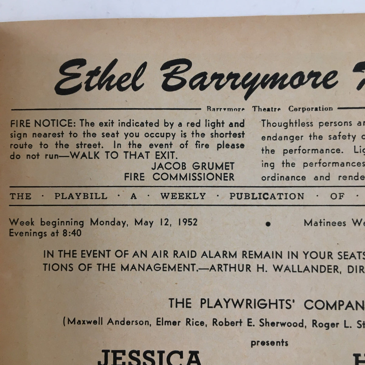 Close-up of the 1952 Playbill from Ethel Barrymore Theatre, highlighting production notes for Jessica Tandy's performance in The Fourposter.